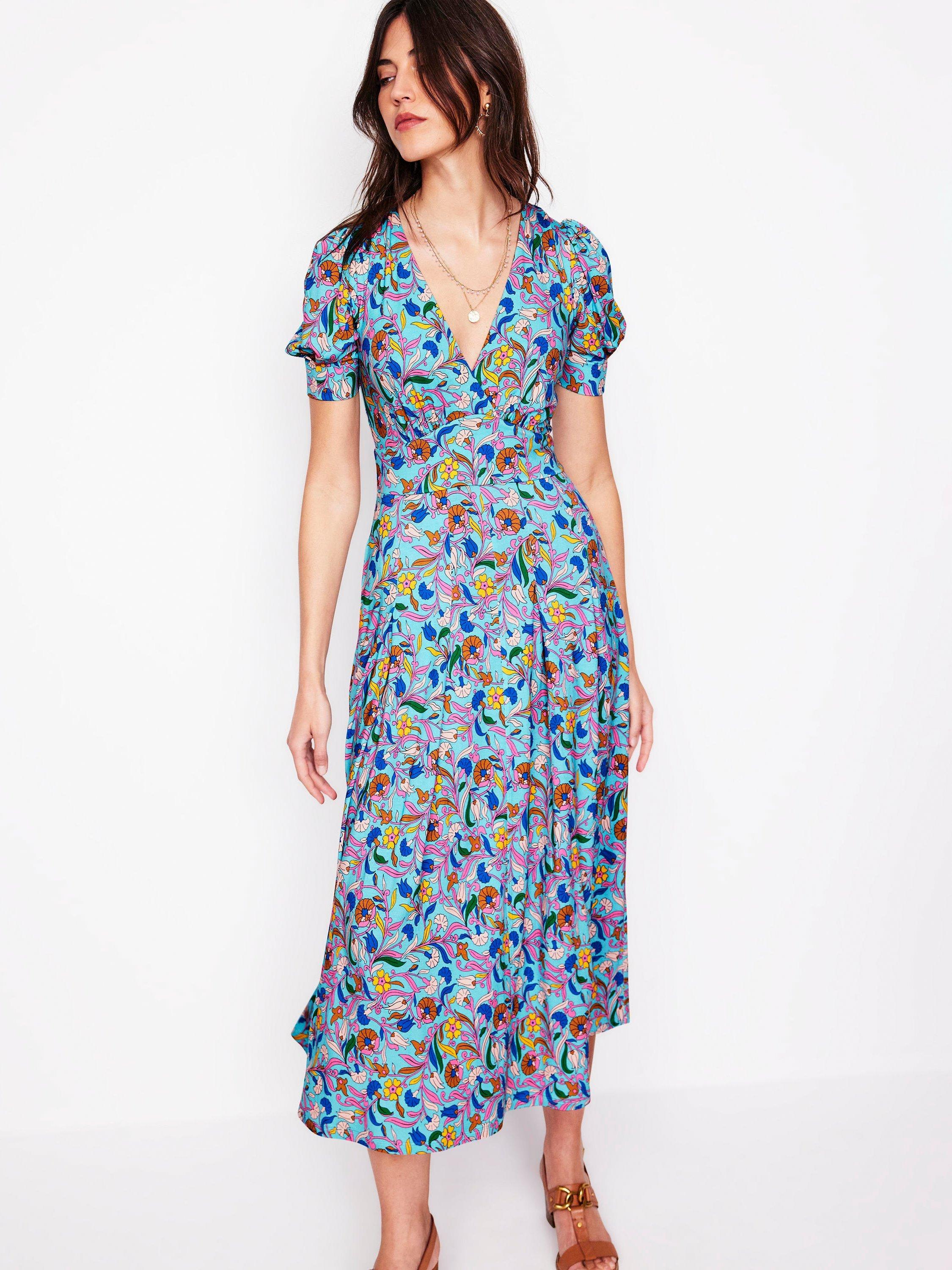 Product image 4 of 5, which shows Boden Kristen Floral Pleated Jersey Dress, Blue/Multi, 10