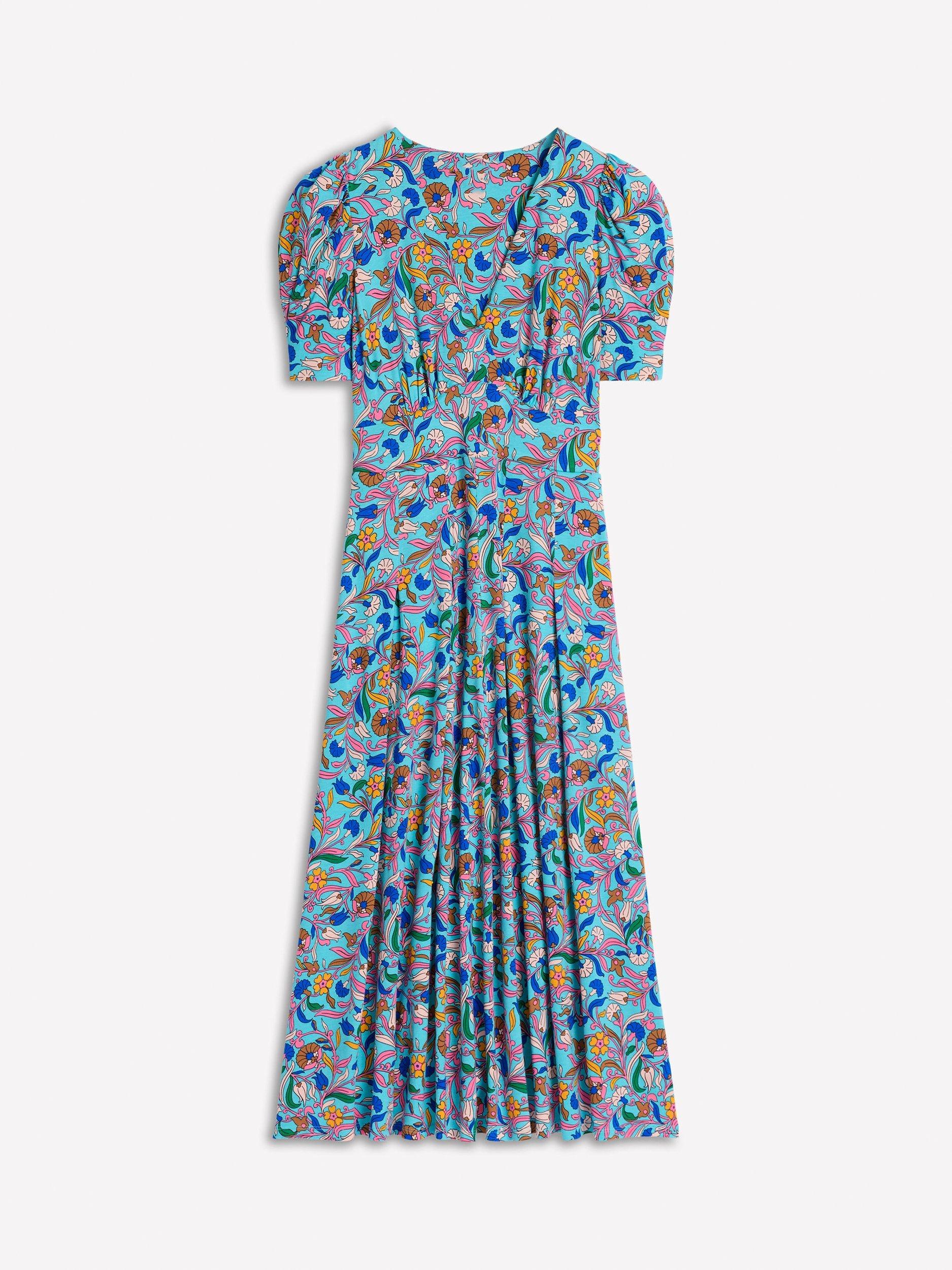 Product image 5 of 5, which shows Boden Kristen Floral Pleated Jersey Dress, Blue/Multi, 10