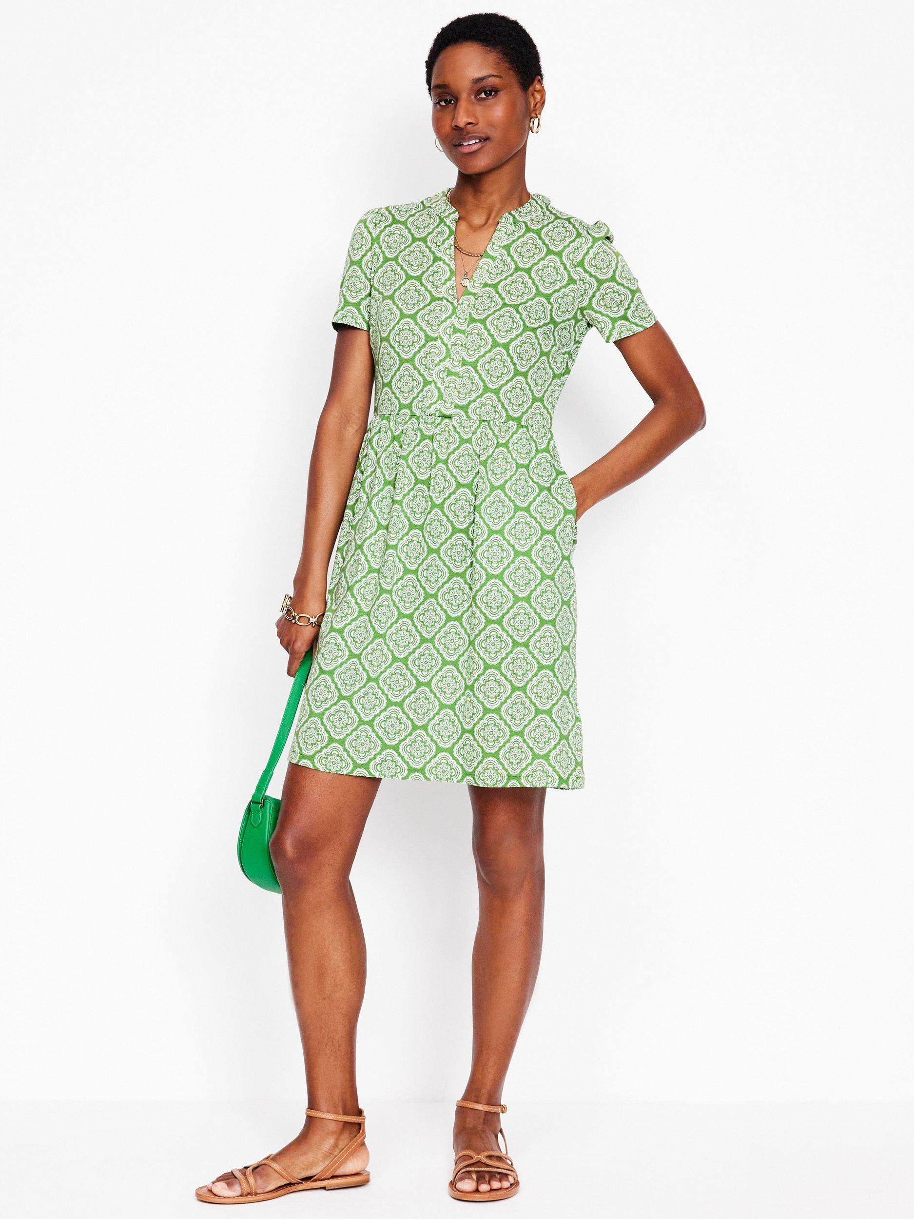 Product image 1 of 5, which shows Boden Naomi Floral Short Sleeve Dress, Green/Multi, 14