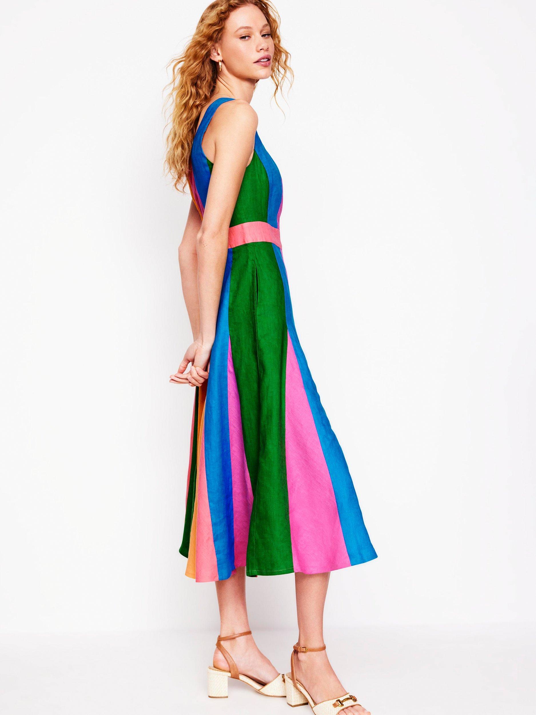 Product image 3 of 4, which shows Boden Linen Stripe Godet Midi Dress, Multi, 8