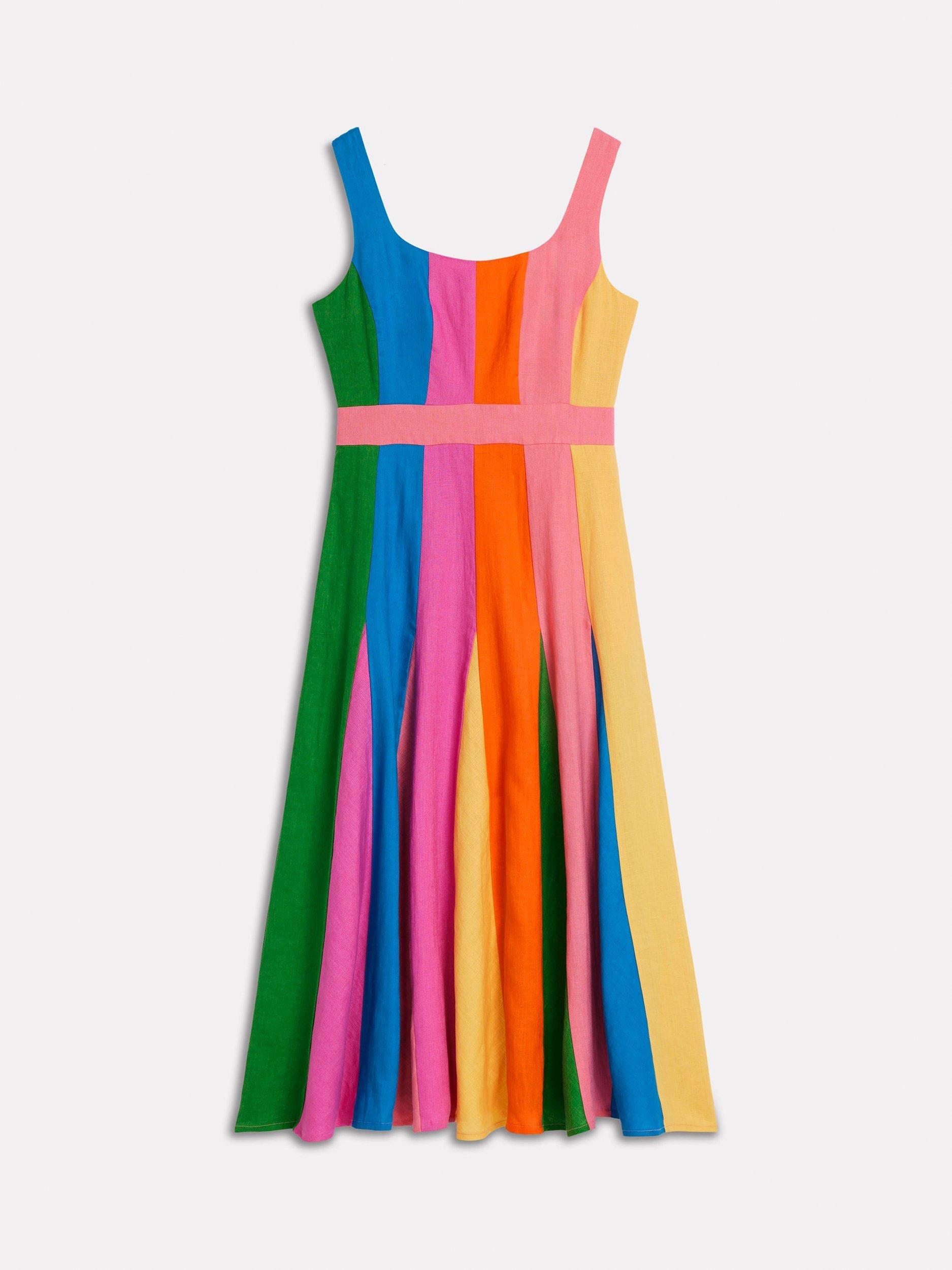 Product image 4 of 4, which shows Boden Linen Stripe Godet Midi Dress, Multi, 8