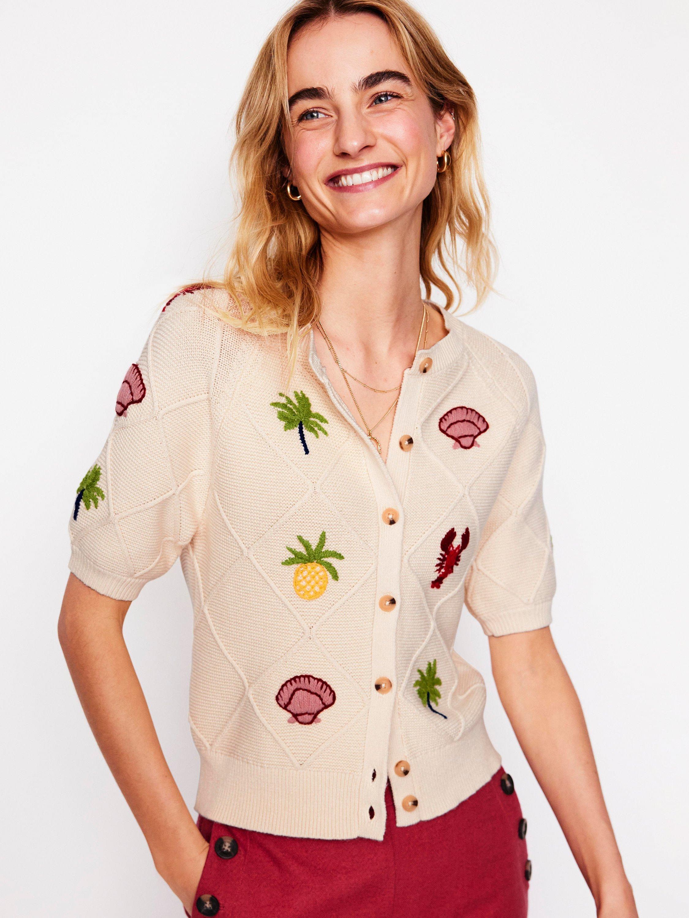 Product image 1 of 6, which shows Boden Tropical Embroidered Cotton Knit Short Sleeve Cardigan, Ivory, XS