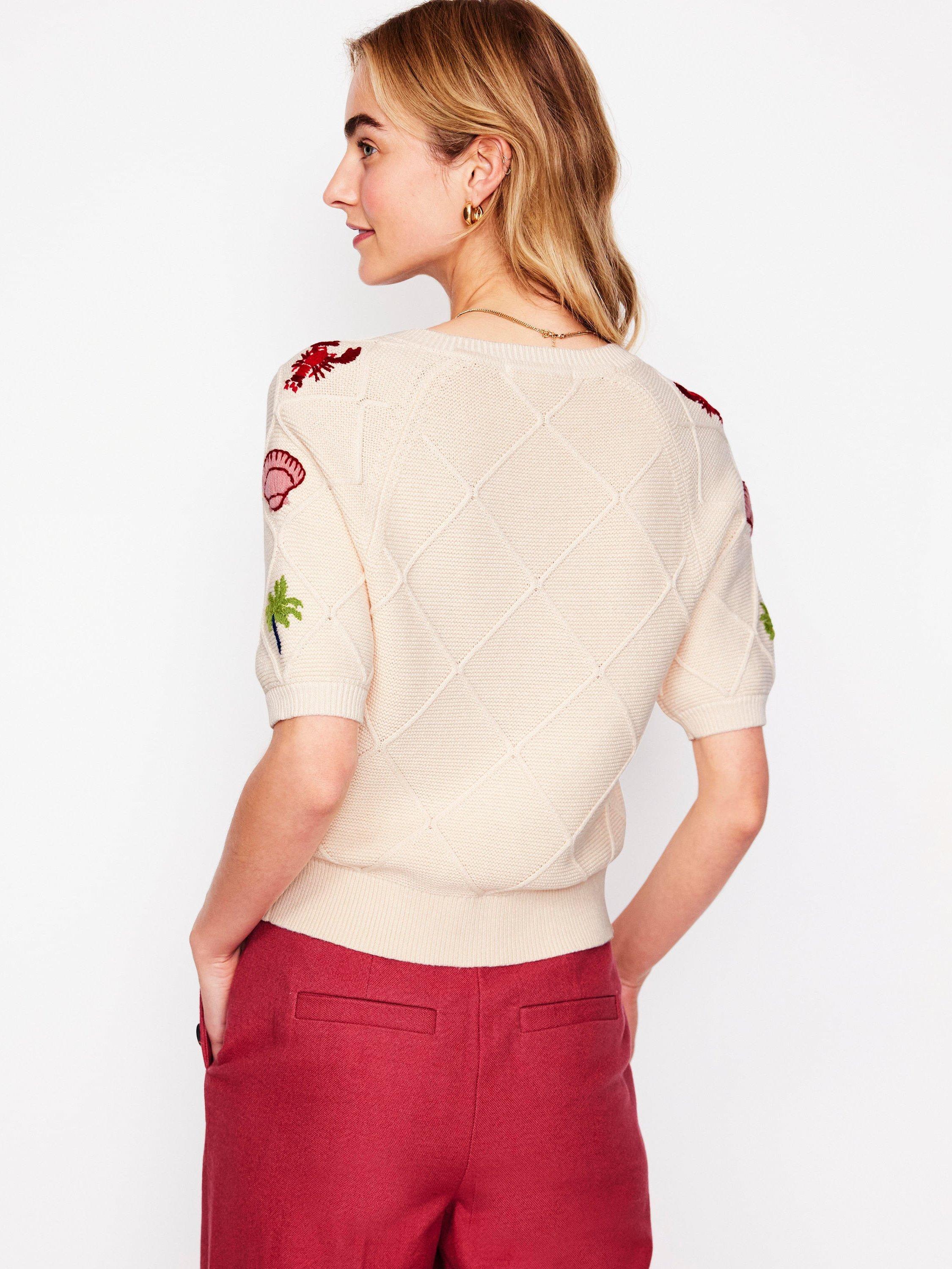 Product image 3 of 6, which shows Boden Tropical Embroidered Cotton Knit Short Sleeve Cardigan, Ivory, XS