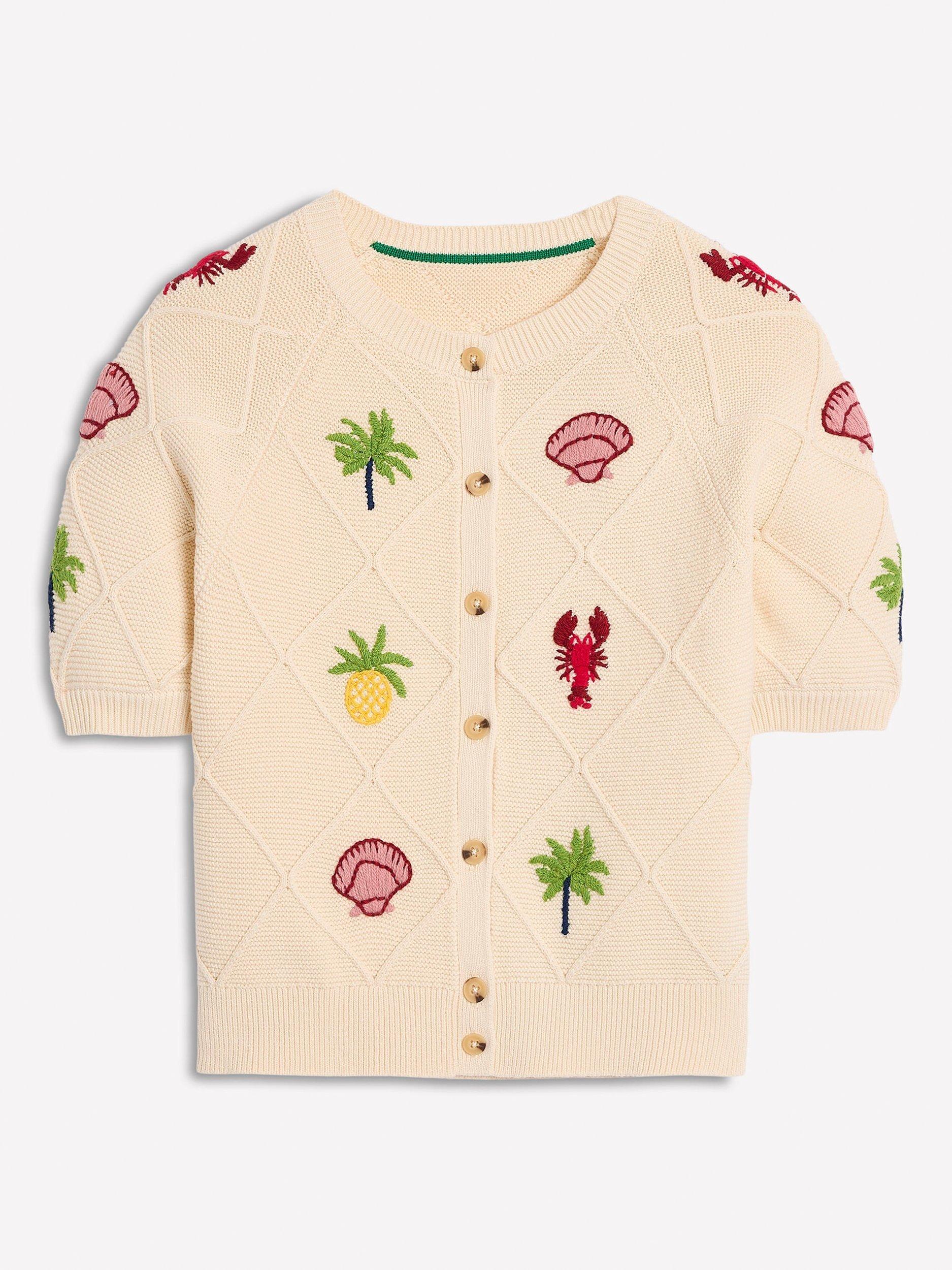 Product image 5 of 6, which shows Boden Tropical Embroidered Cotton Knit Short Sleeve Cardigan, Ivory, XS