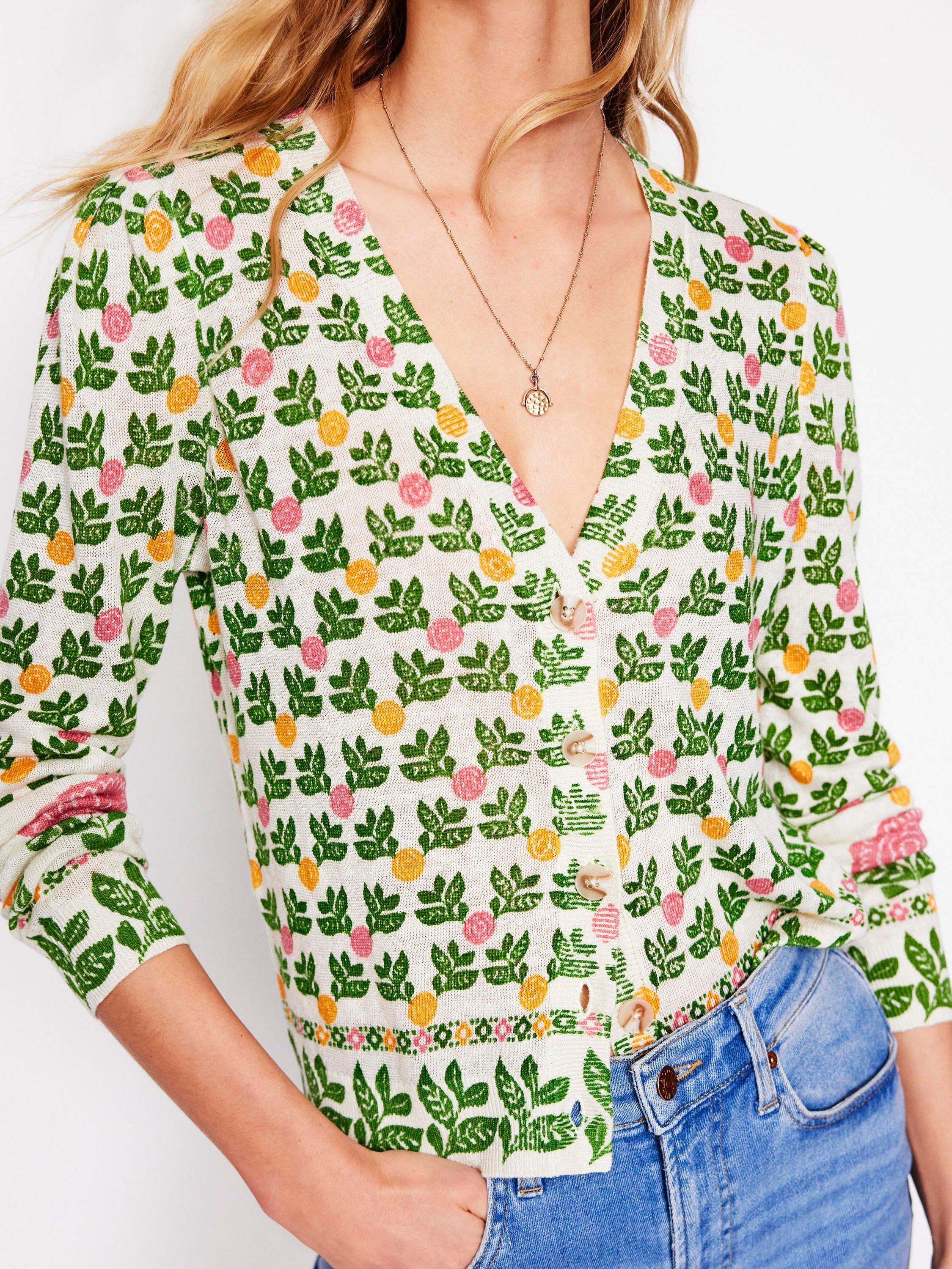Product image 2 of 6, which shows Boden Liv Floral Pure Linen Cardigan, Ivory/Multi, XS