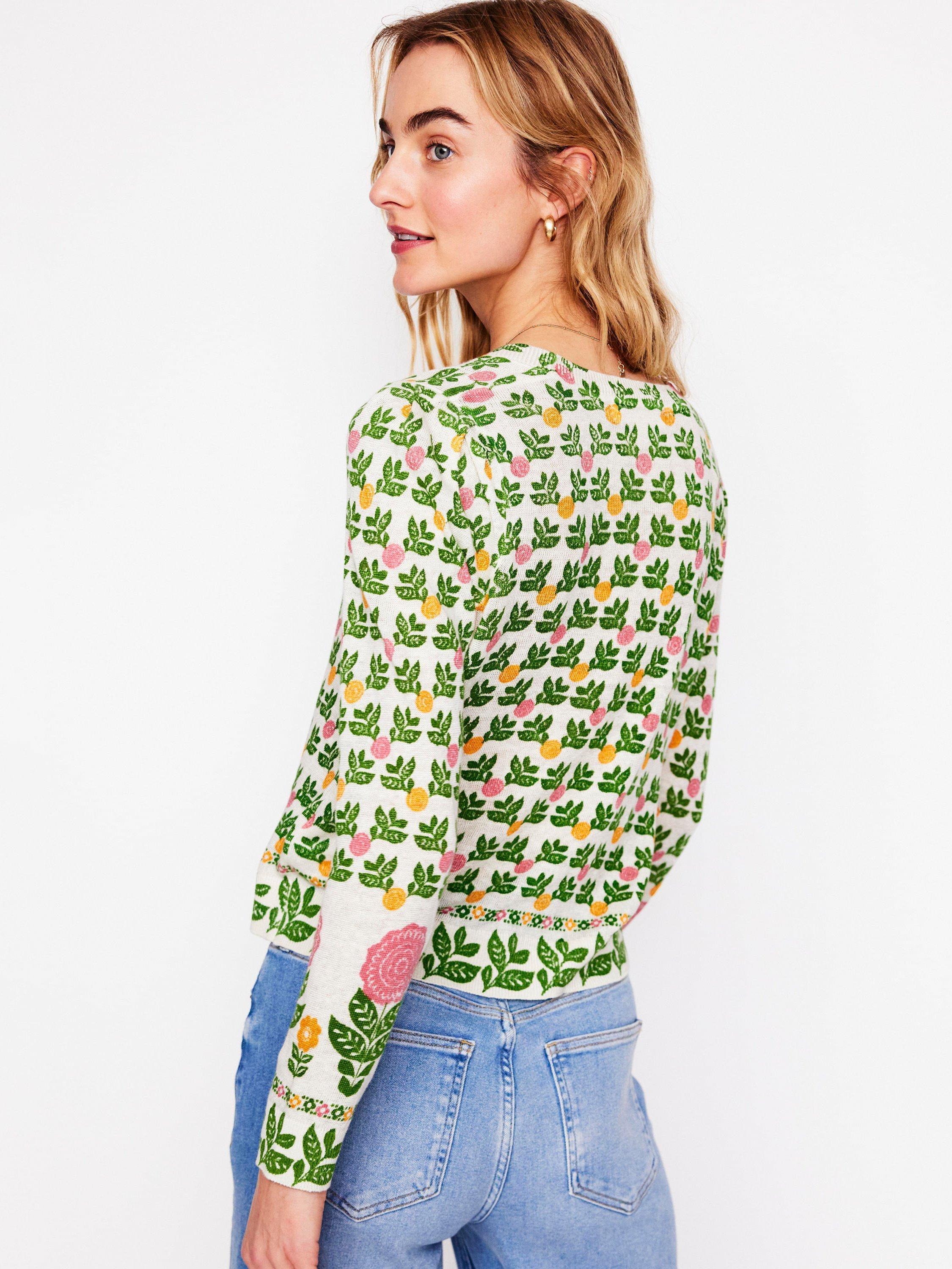 Product image 3 of 6, which shows Boden Liv Floral Pure Linen Cardigan, Ivory/Multi, XS