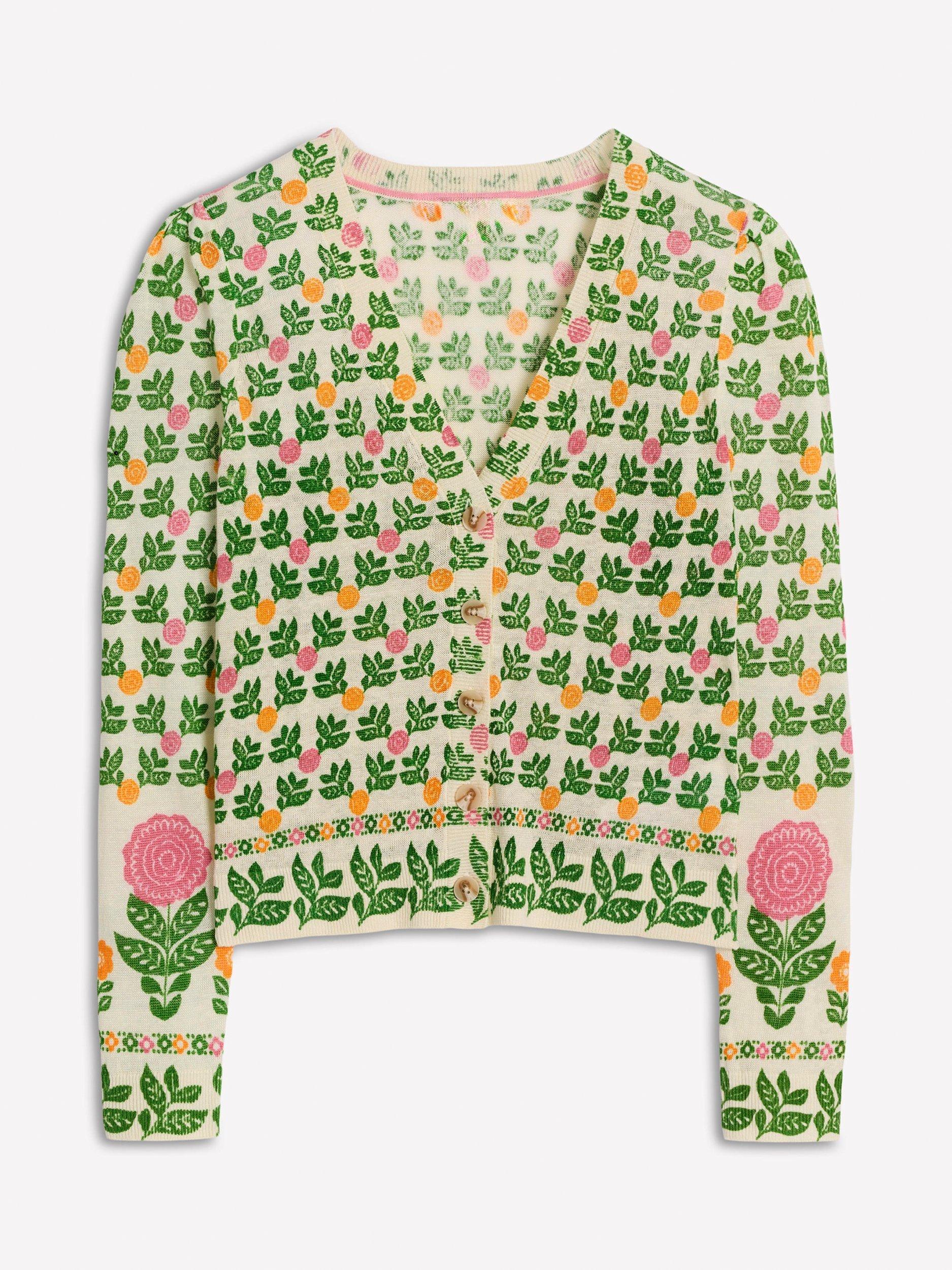 Product image 5 of 6, which shows Boden Liv Floral Pure Linen Cardigan, Ivory/Multi, XS