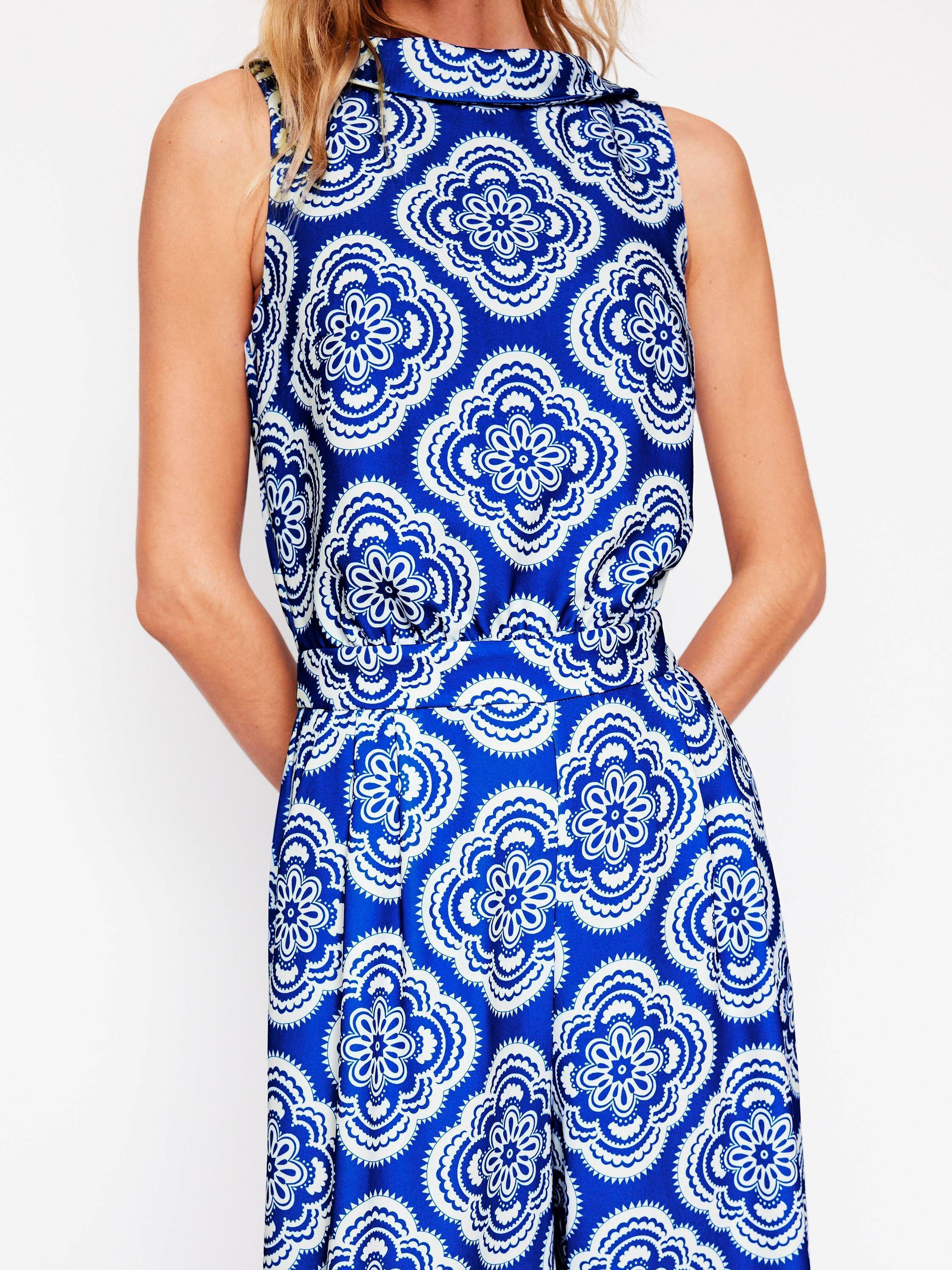 Product image 1 of 4, which shows Boden Clarissa Floral Damask Jumpsuit, Blue/White, 12