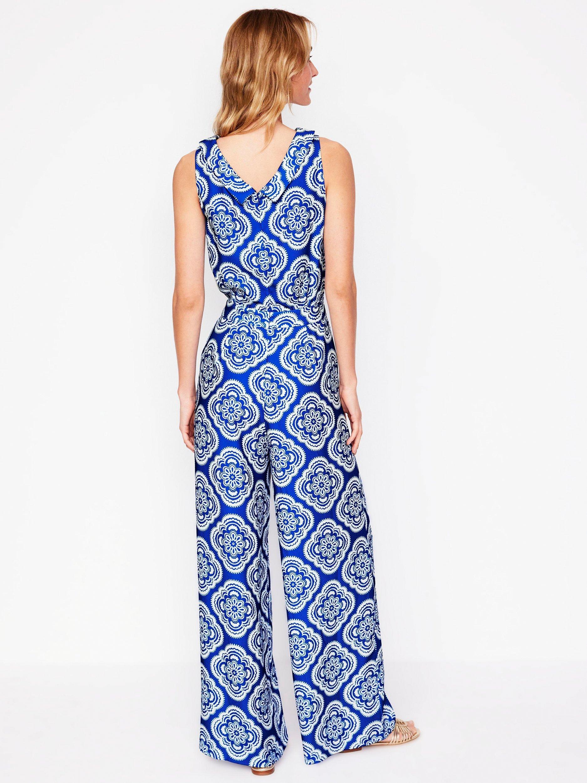 Product image 2 of 4, which shows Boden Clarissa Floral Damask Jumpsuit, Blue/White, 12