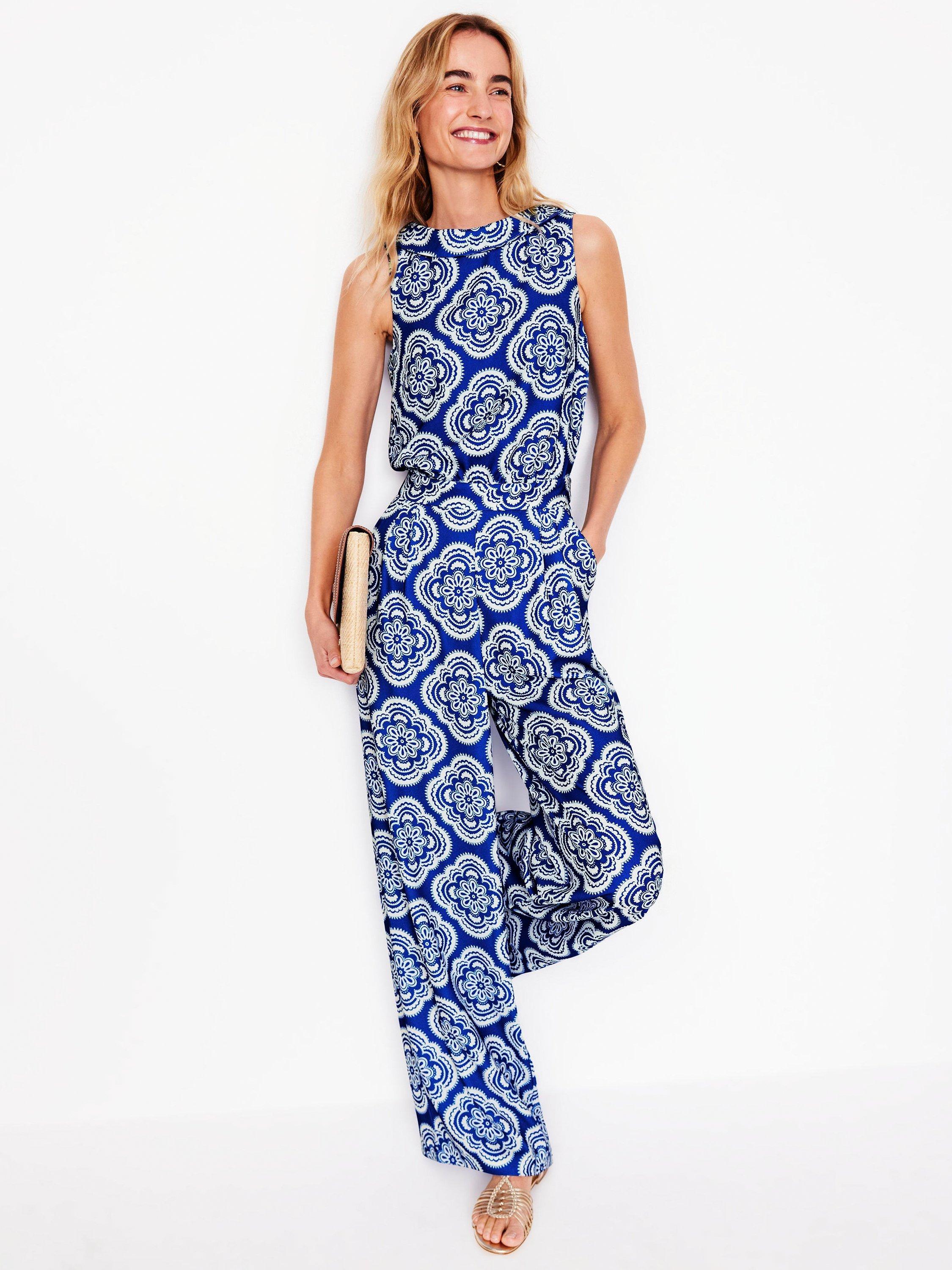 Product image 3 of 4, which shows Boden Clarissa Floral Damask Jumpsuit, Blue/White, 12