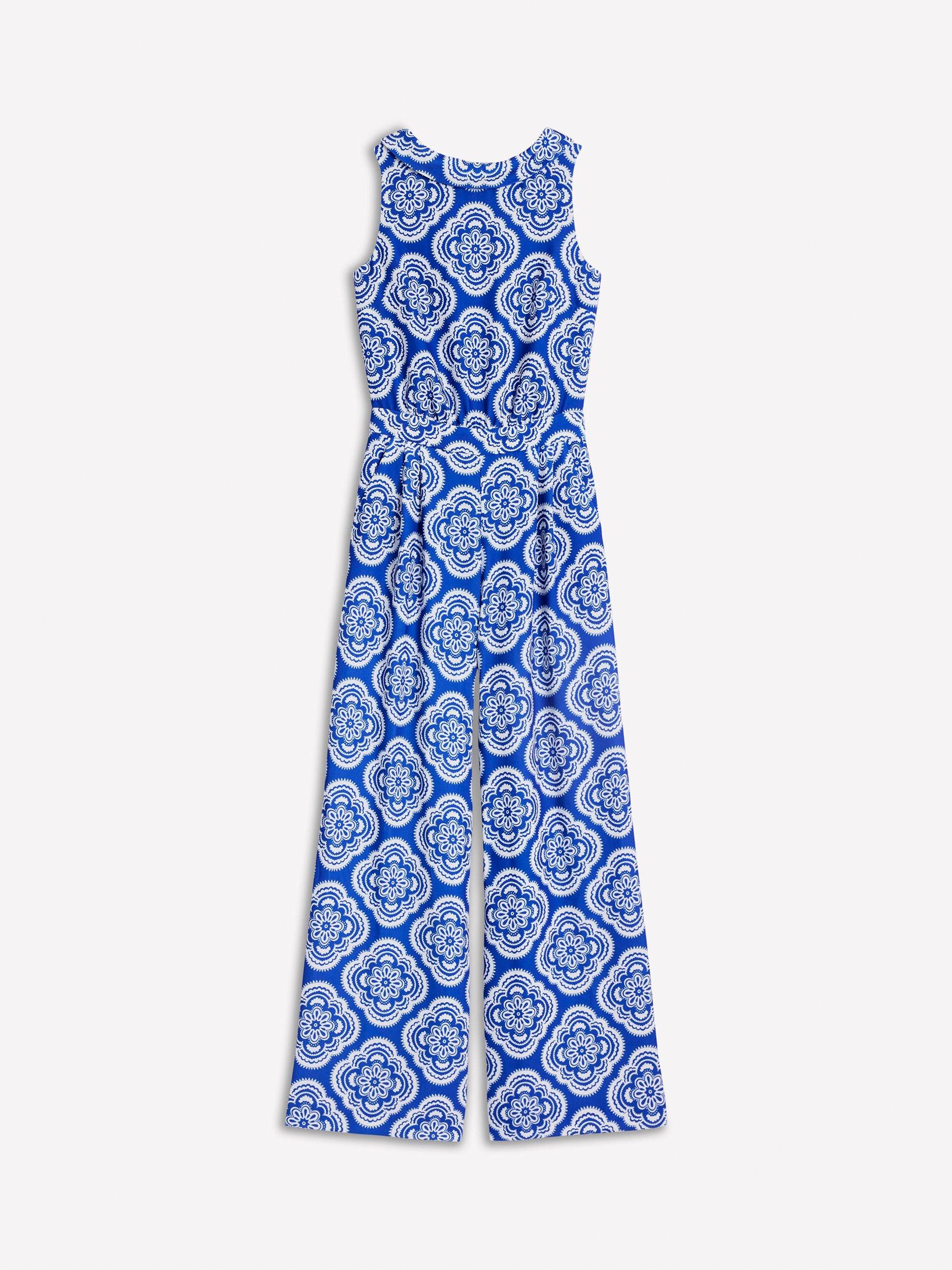 Product image 4 of 4, which shows Boden Clarissa Floral Damask Jumpsuit, Blue/White, 12