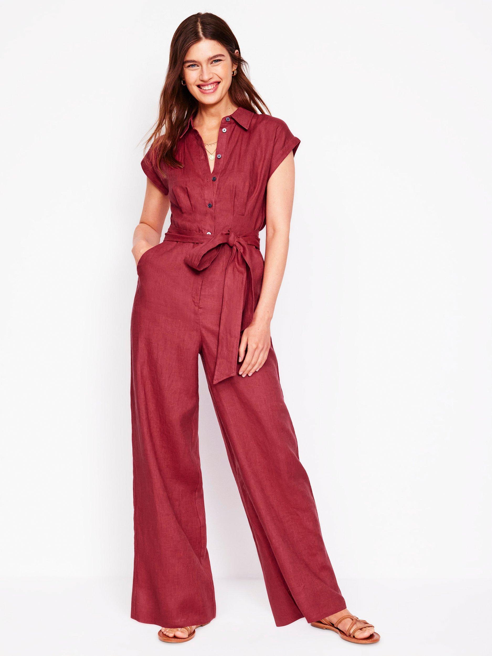 Product image 4 of 5, which shows Boden Colette Cinched Wide-Leg Linen Culotte Jumpsuit, Terracotta, 8