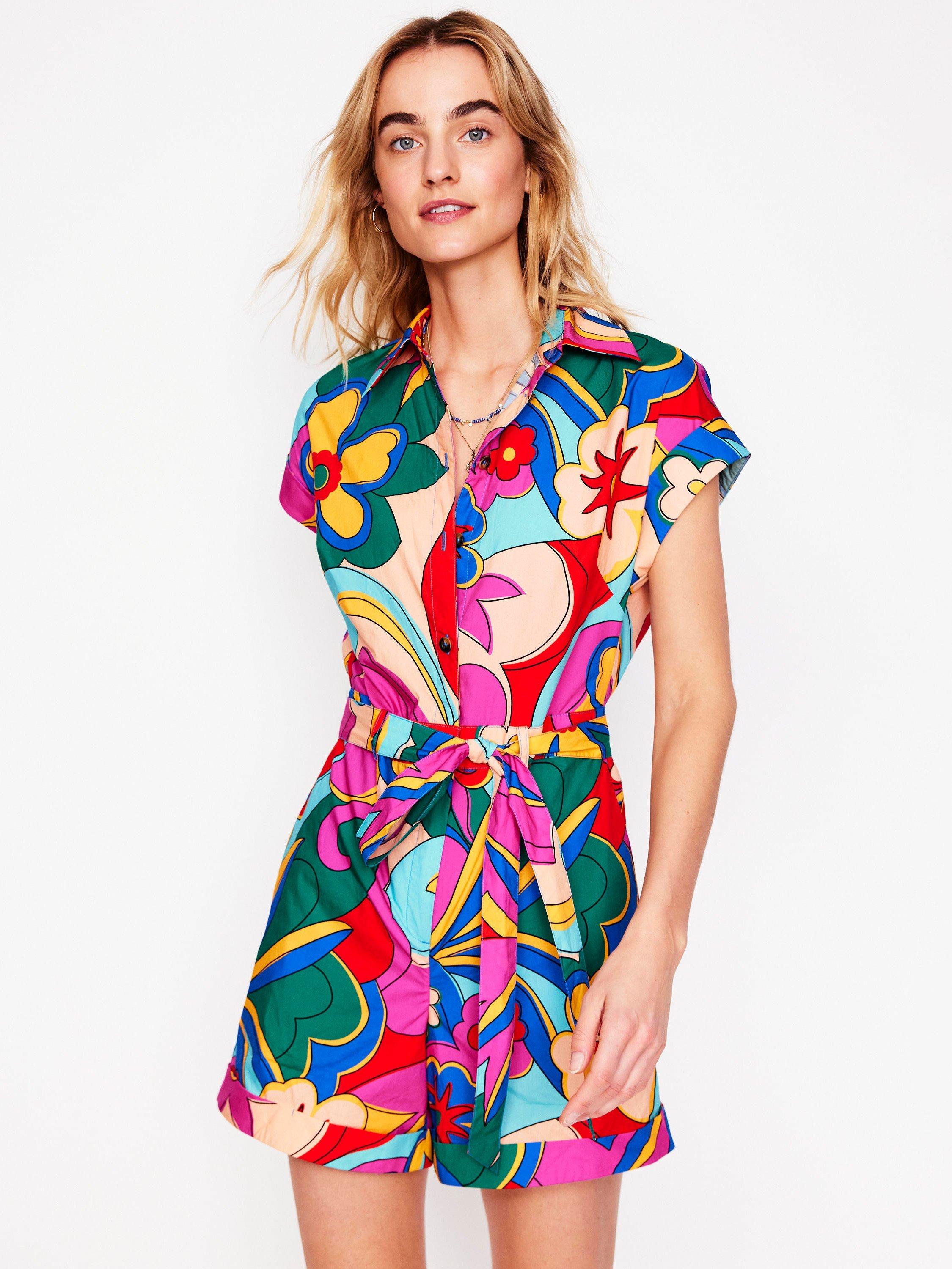 Product image 4 of 5, which shows Boden Cotton Short Sleeved Casual Playsuit, Multi, 10