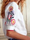 Boden Bea Linen Button Front Embroidered Top, White/Multi