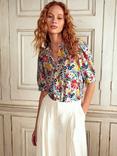 Boden Floral Short Sleeve Frill Neck Detailed Silk Top