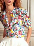Boden Floral Short Sleeve Frill Neck Detailed Silk Top
