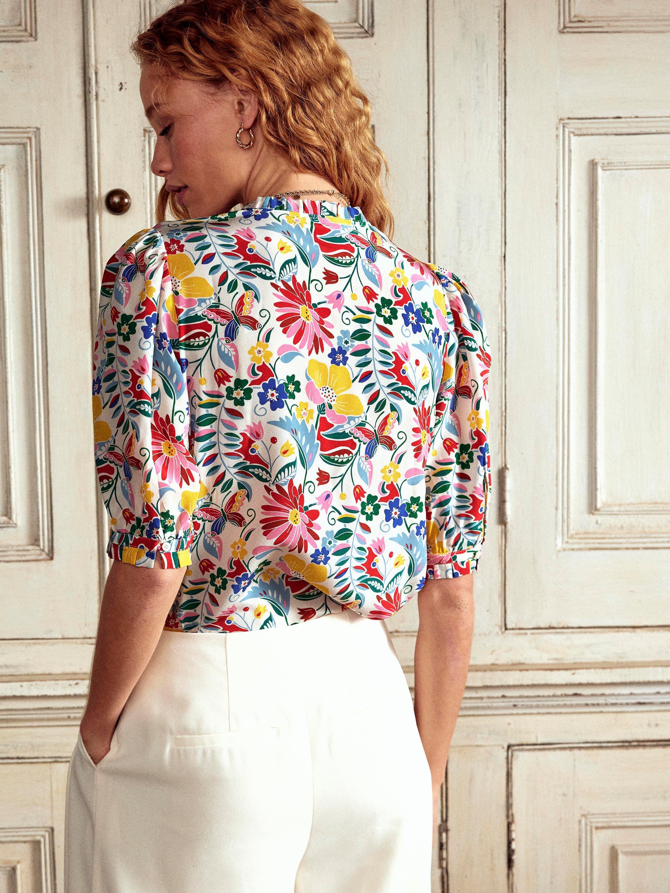 Product image 3 of 5, which shows Boden Floral Short Sleeve Frill Neck Detailed Silk Top, Multi, 12