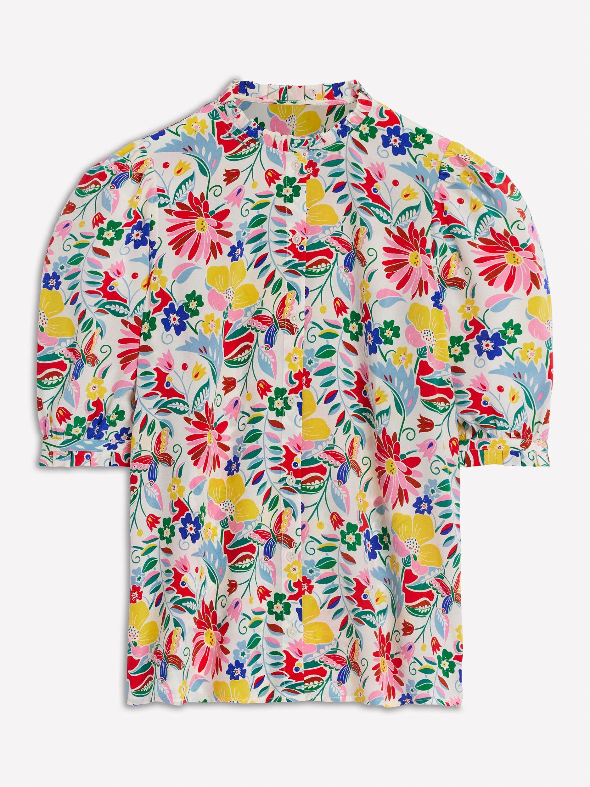 Product image 5 of 5, which shows Boden Floral Short Sleeve Frill Neck Detailed Silk Top, Multi, 12