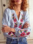 Boden Cotton Embroidered Raglan Stripe Print Top, Ivory/Navy