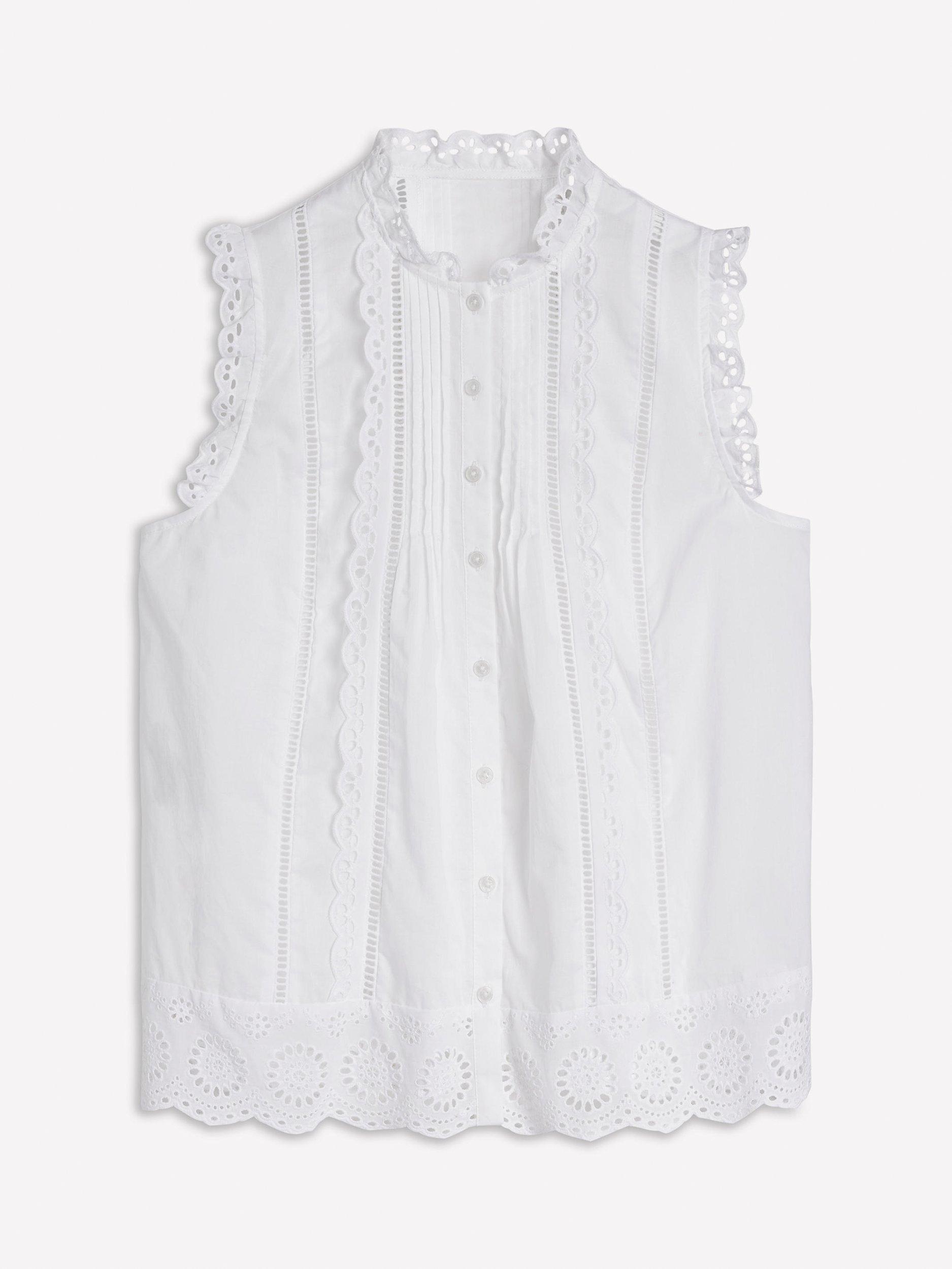 Product image 5 of 5, which shows Boden Sleeveless Cotton Broderie Top, White, 12