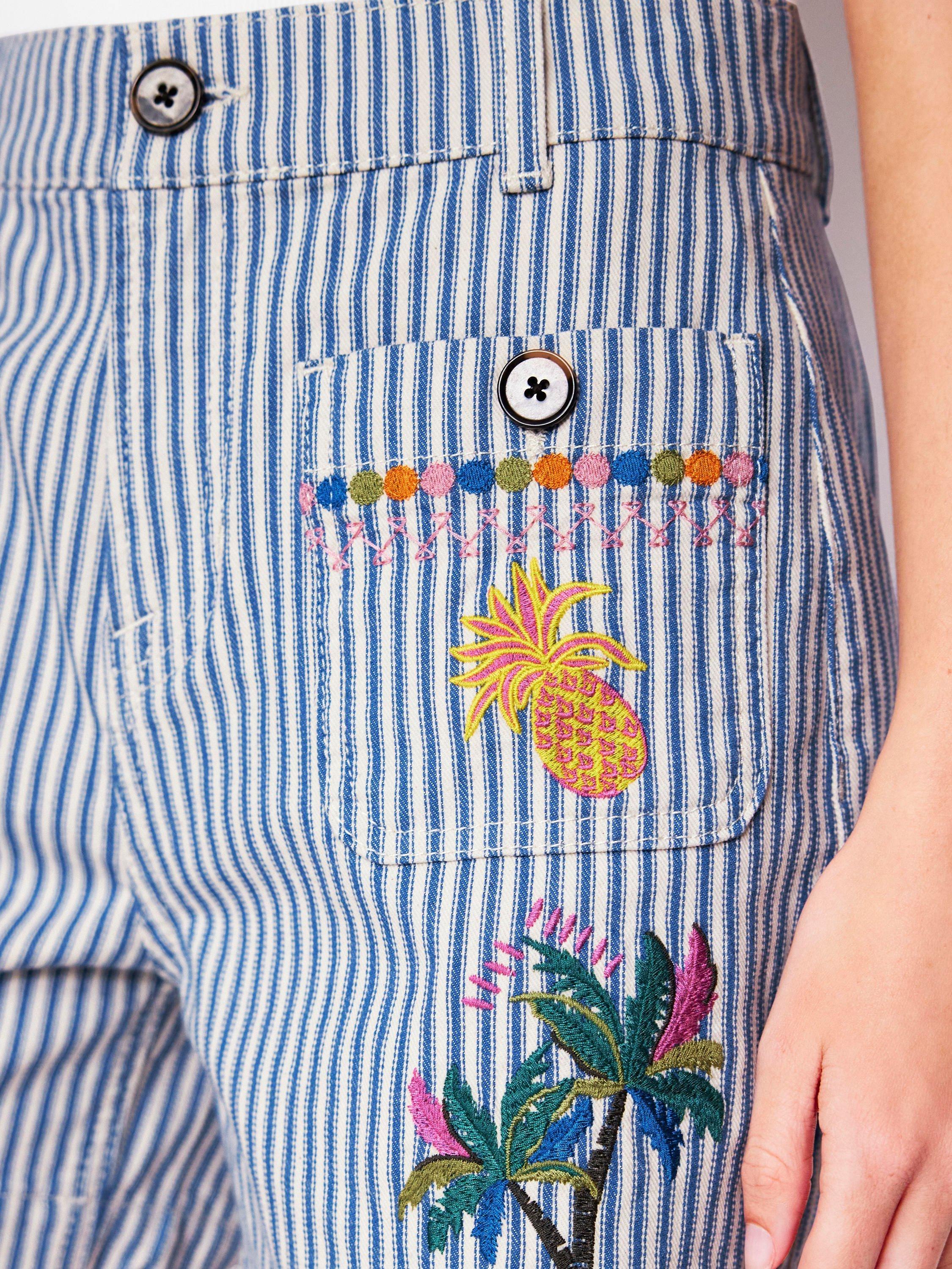 Product image 3 of 6, which shows Boden Stripe Embroidered Icons Denim Shorts, Blue/Multi, 8