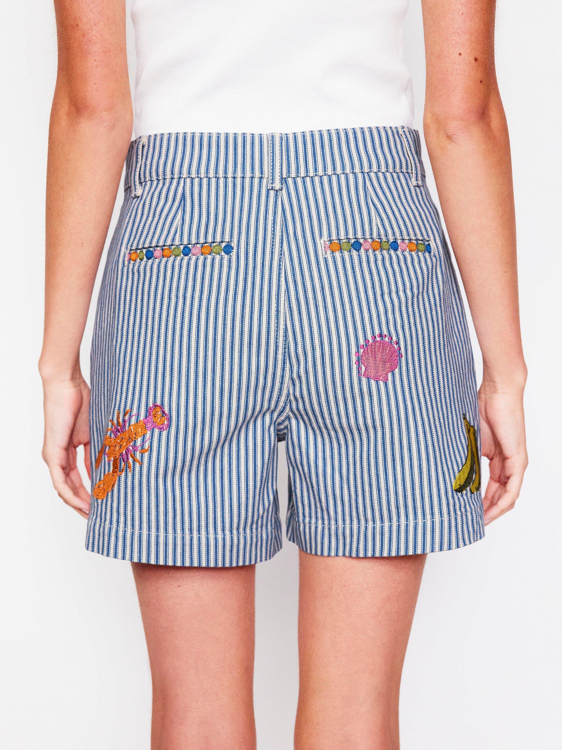 Product image 4 of 6, which shows Boden Stripe Embroidered Icons Denim Shorts, Blue/Multi, 8