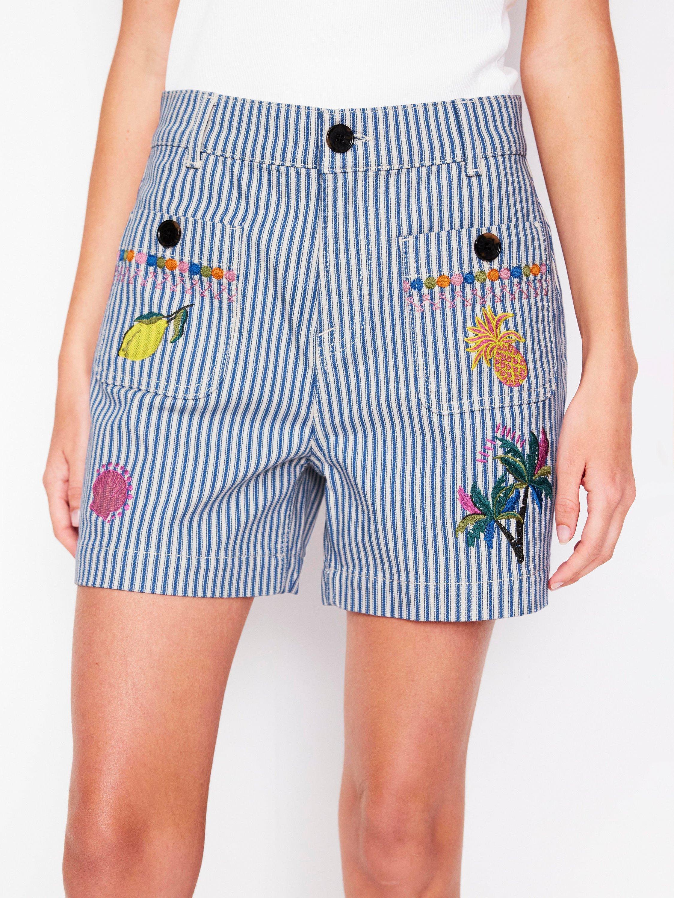 Product image 5 of 6, which shows Boden Stripe Embroidered Icons Denim Shorts, Blue/Multi, 8