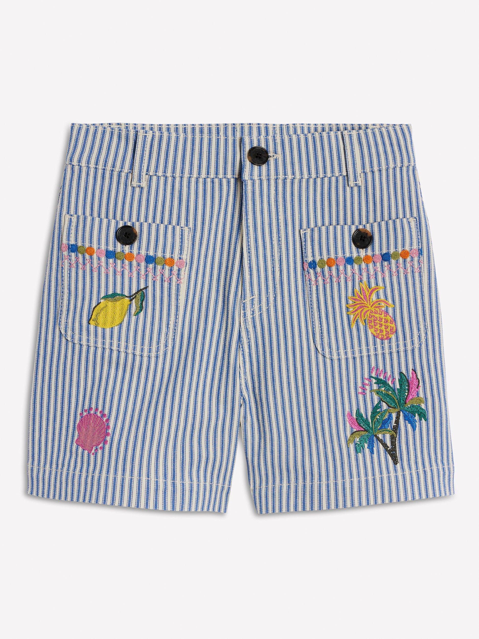 Product image 6 of 6, which shows Boden Stripe Embroidered Icons Denim Shorts, Blue/Multi, 8