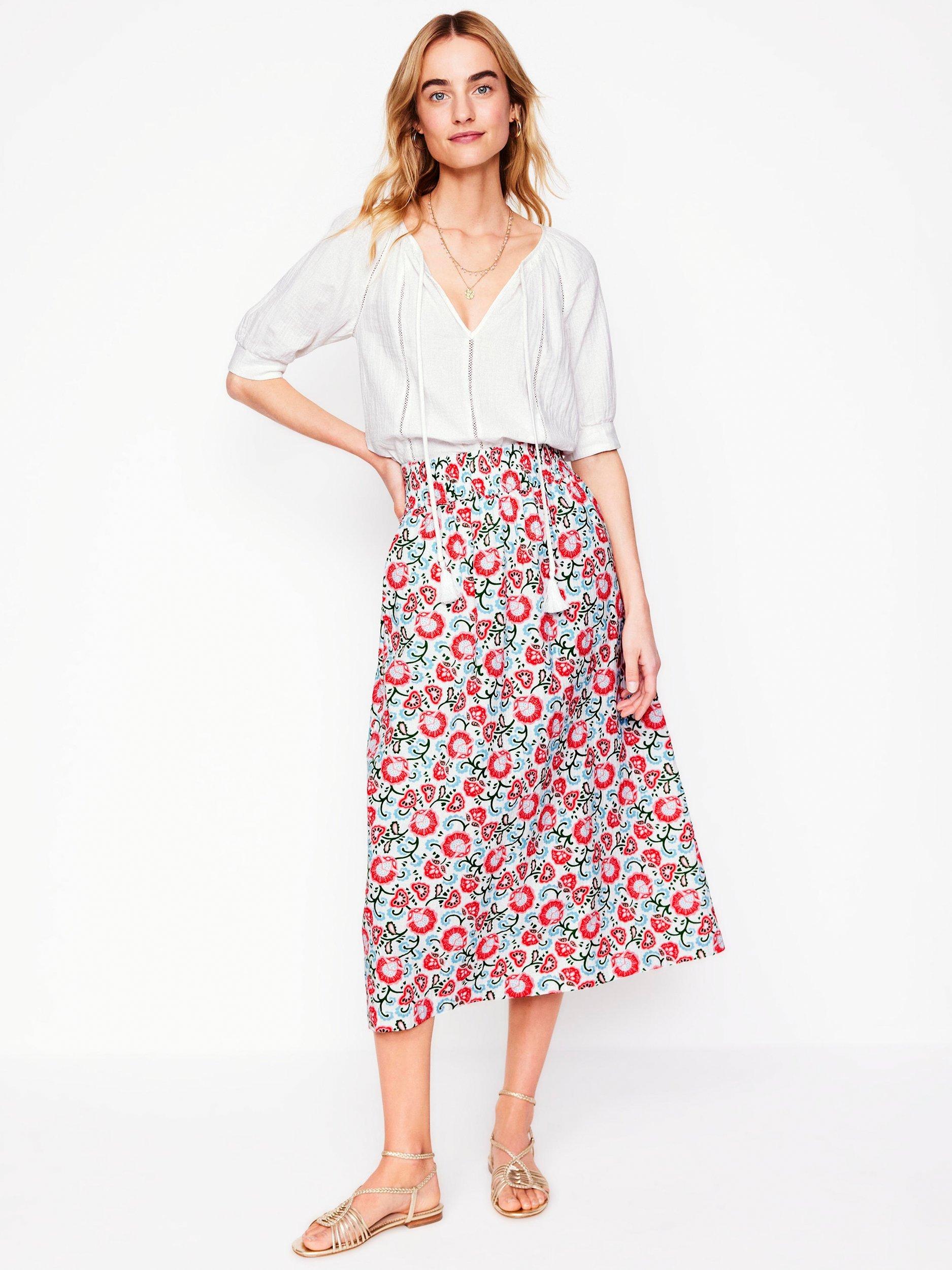 Product image 1 of 5, which shows Boden Floral Double Cloth Smocked Cotton Midi Skirt, Ivory/Multi, 8