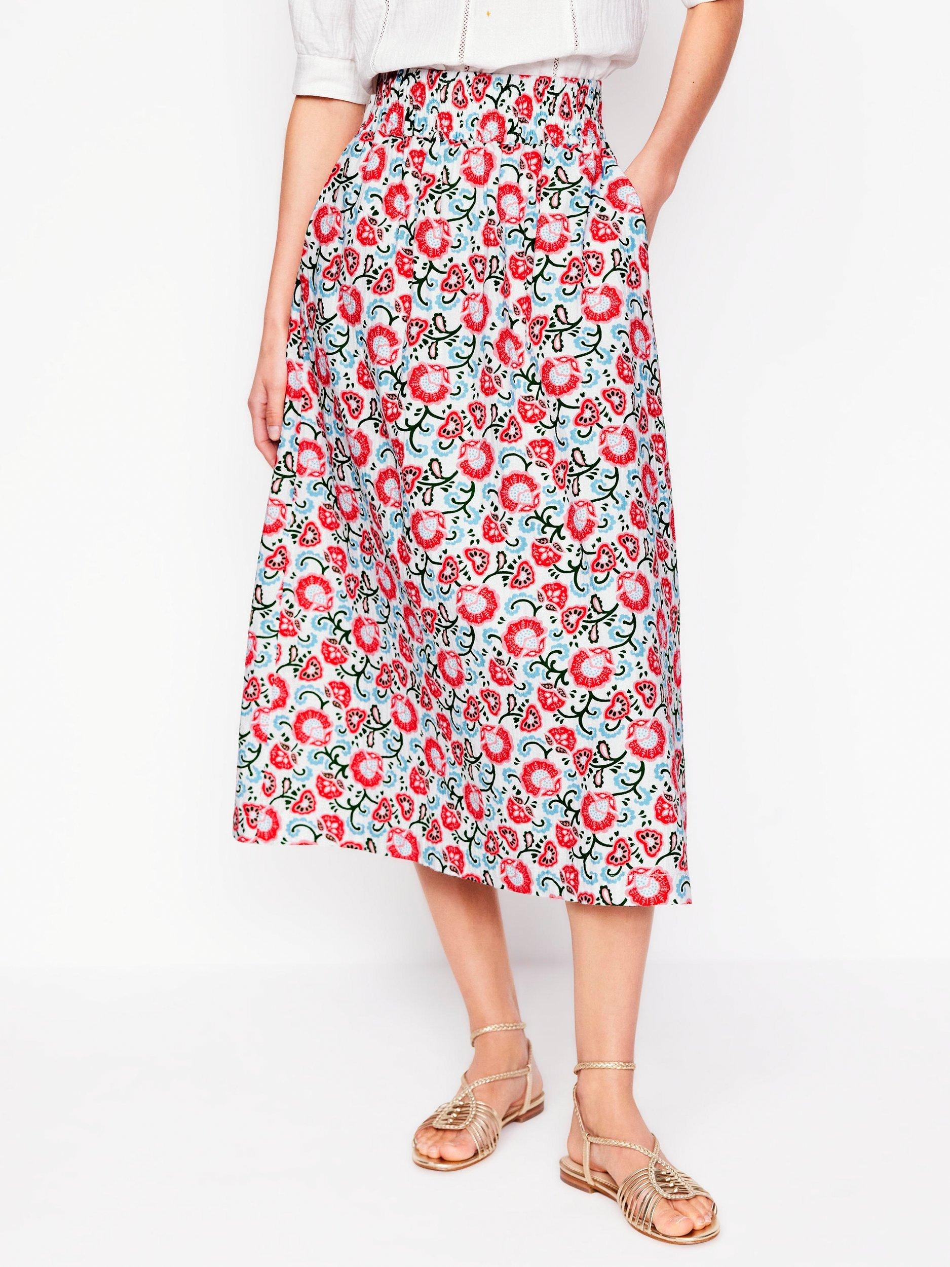 Product image 4 of 5, which shows Boden Floral Double Cloth Smocked Cotton Midi Skirt, Ivory/Multi, 8