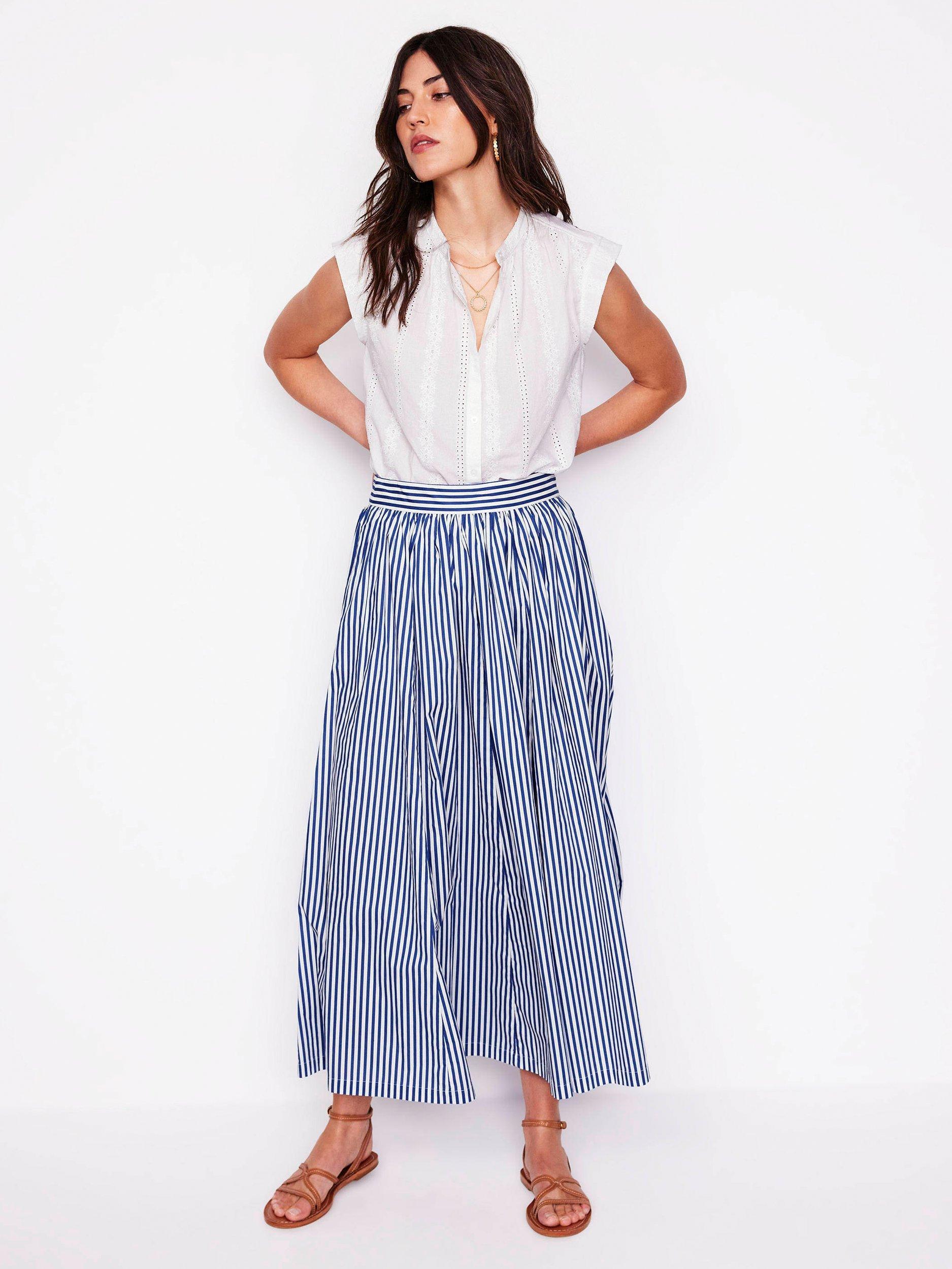 Product image 1 of 5, which shows Boden Cinched Waist Striped Full Poplin Maxi Skirt, Blue/Multi, 8