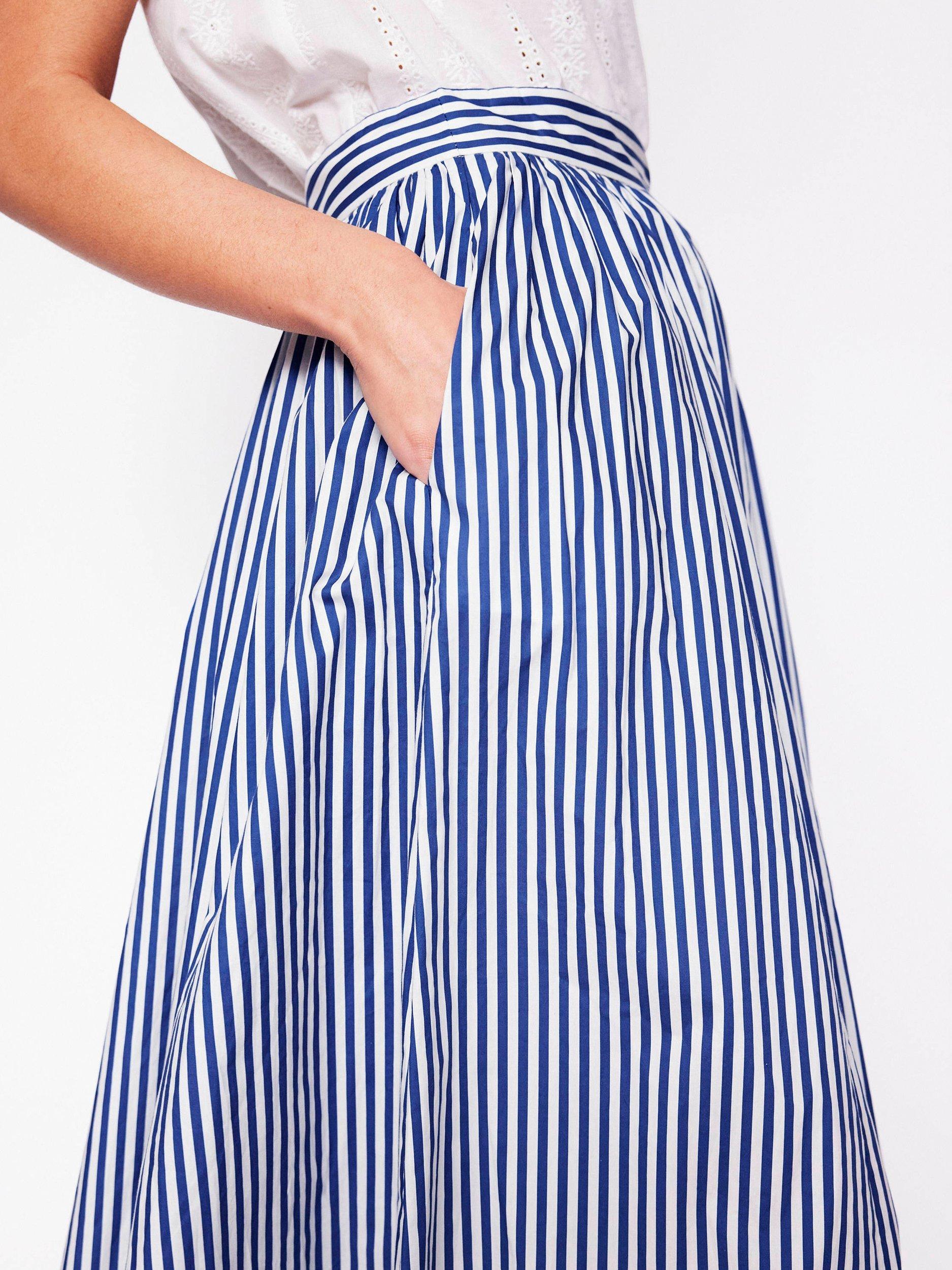 Product image 2 of 5, which shows Boden Cinched Waist Striped Full Poplin Maxi Skirt, Blue/Multi, 8
