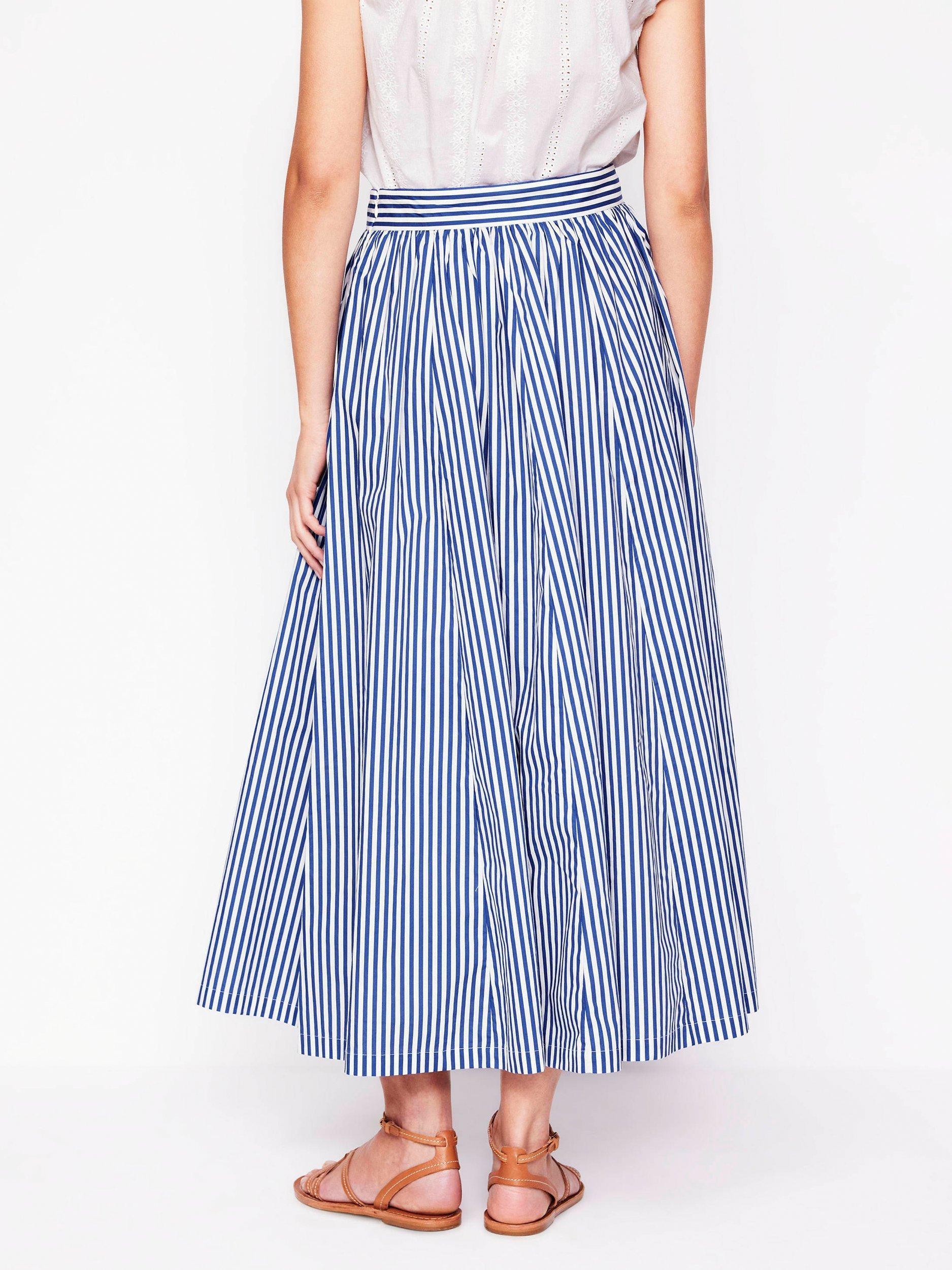 Product image 3 of 5, which shows Boden Cinched Waist Striped Full Poplin Maxi Skirt, Blue/Multi, 8