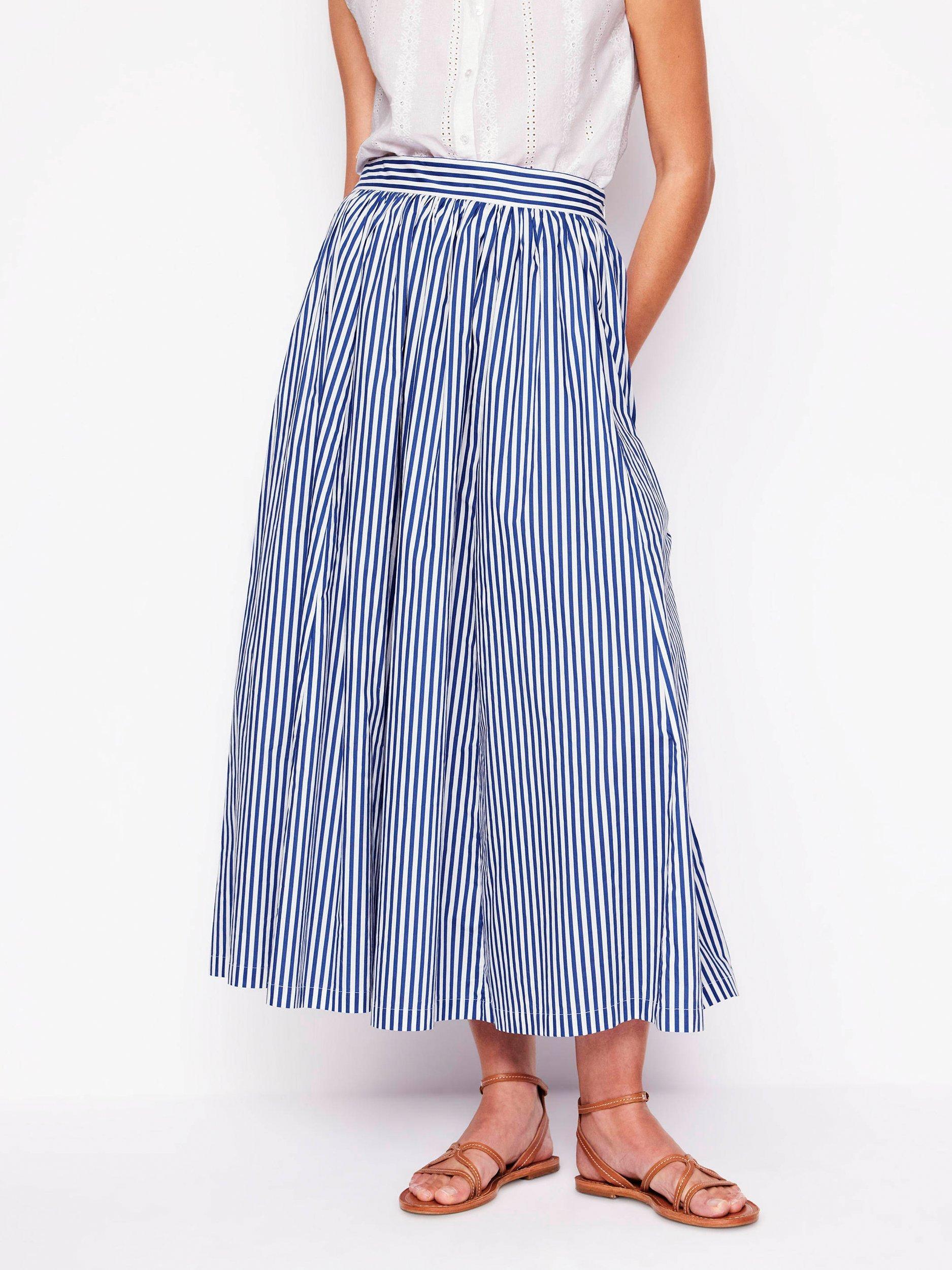 Product image 4 of 5, which shows Boden Cinched Waist Striped Full Poplin Maxi Skirt, Blue/Multi, 8