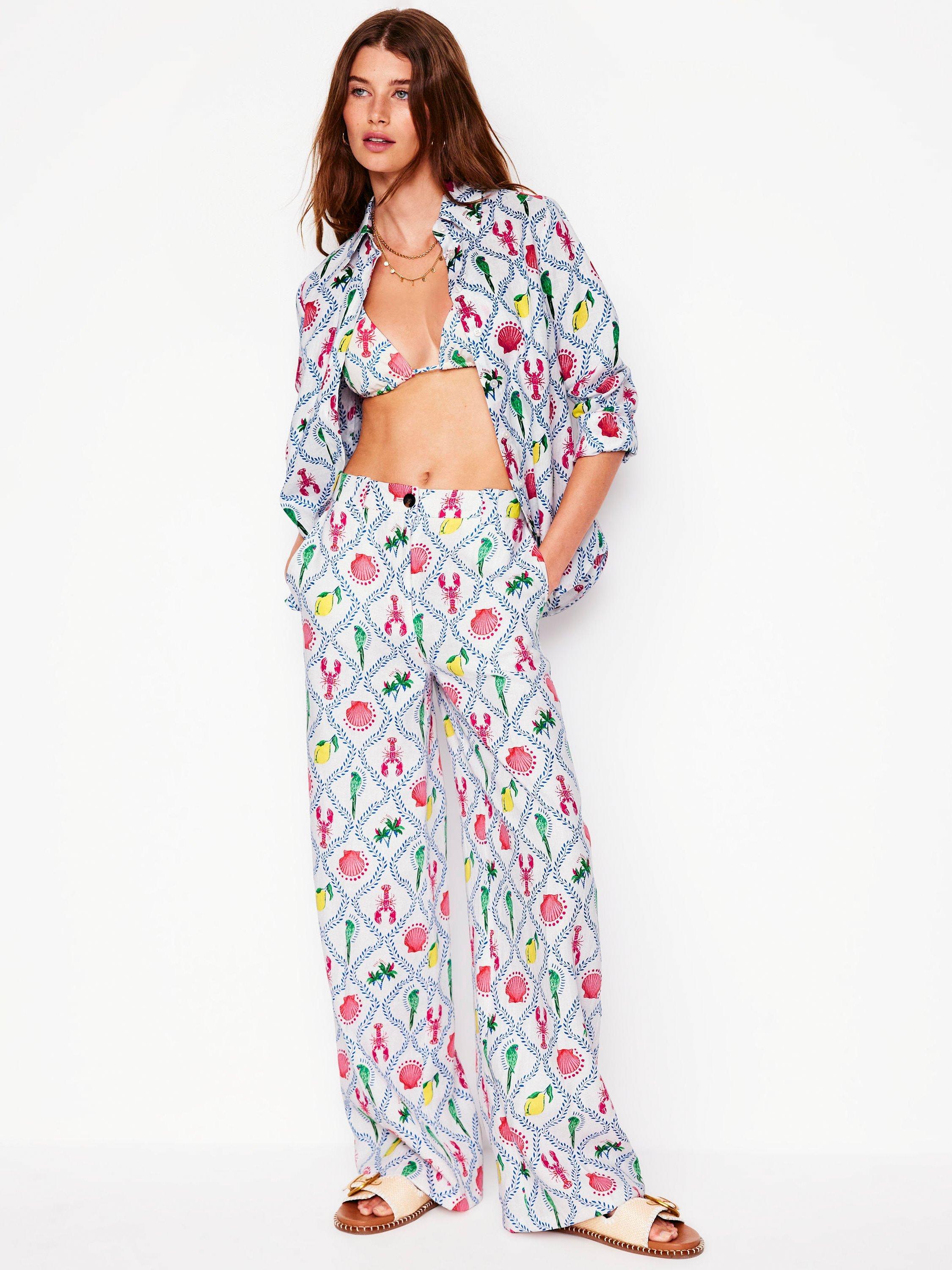Product image 1 of 6, which shows Boden Westbourne Linen Wide Leg Trousers, Ivory/Multi, 10
