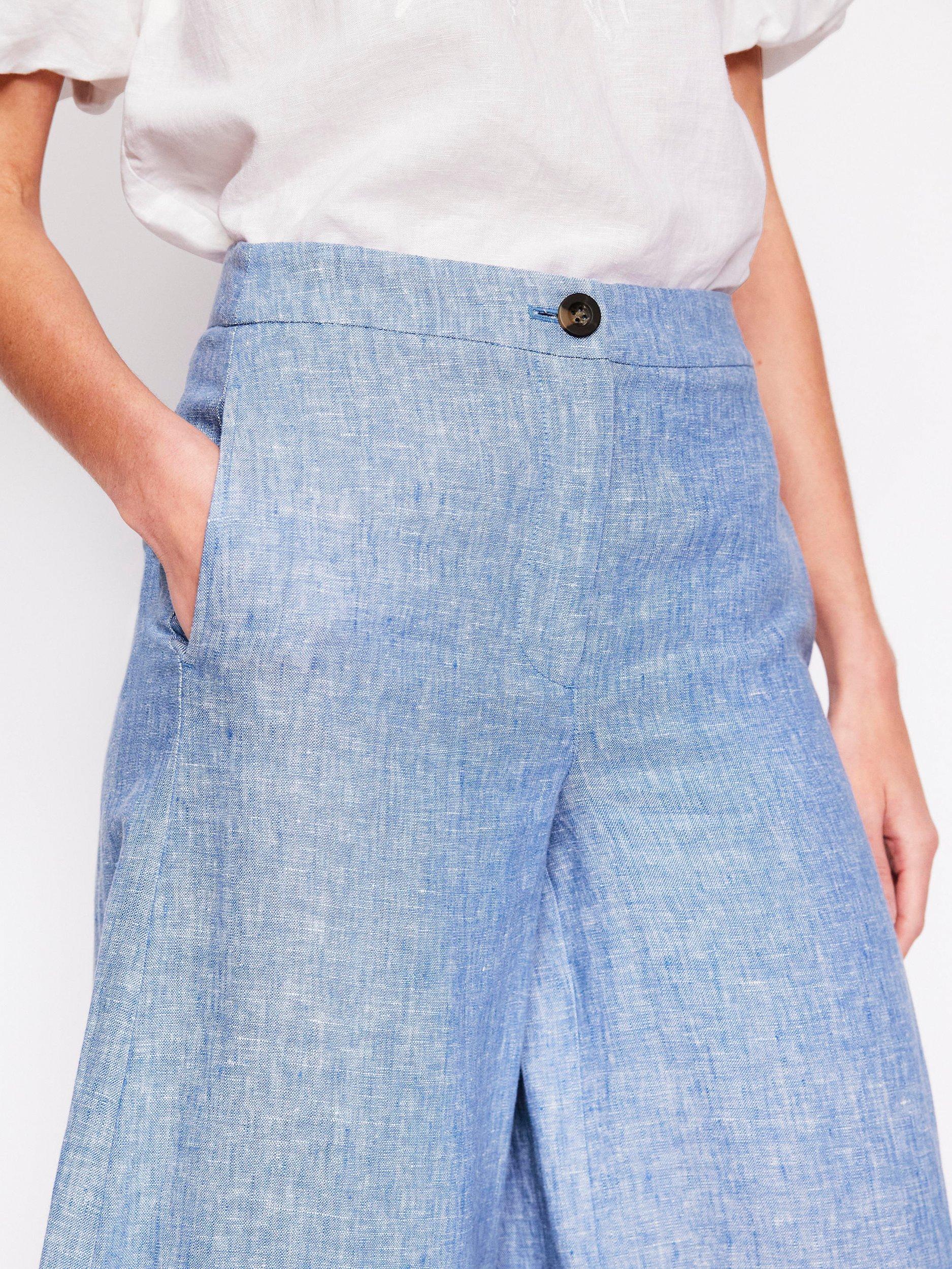 Product image 2 of 5, which shows Boden Wide Crop Linen Trousers, Grey Blue, 8