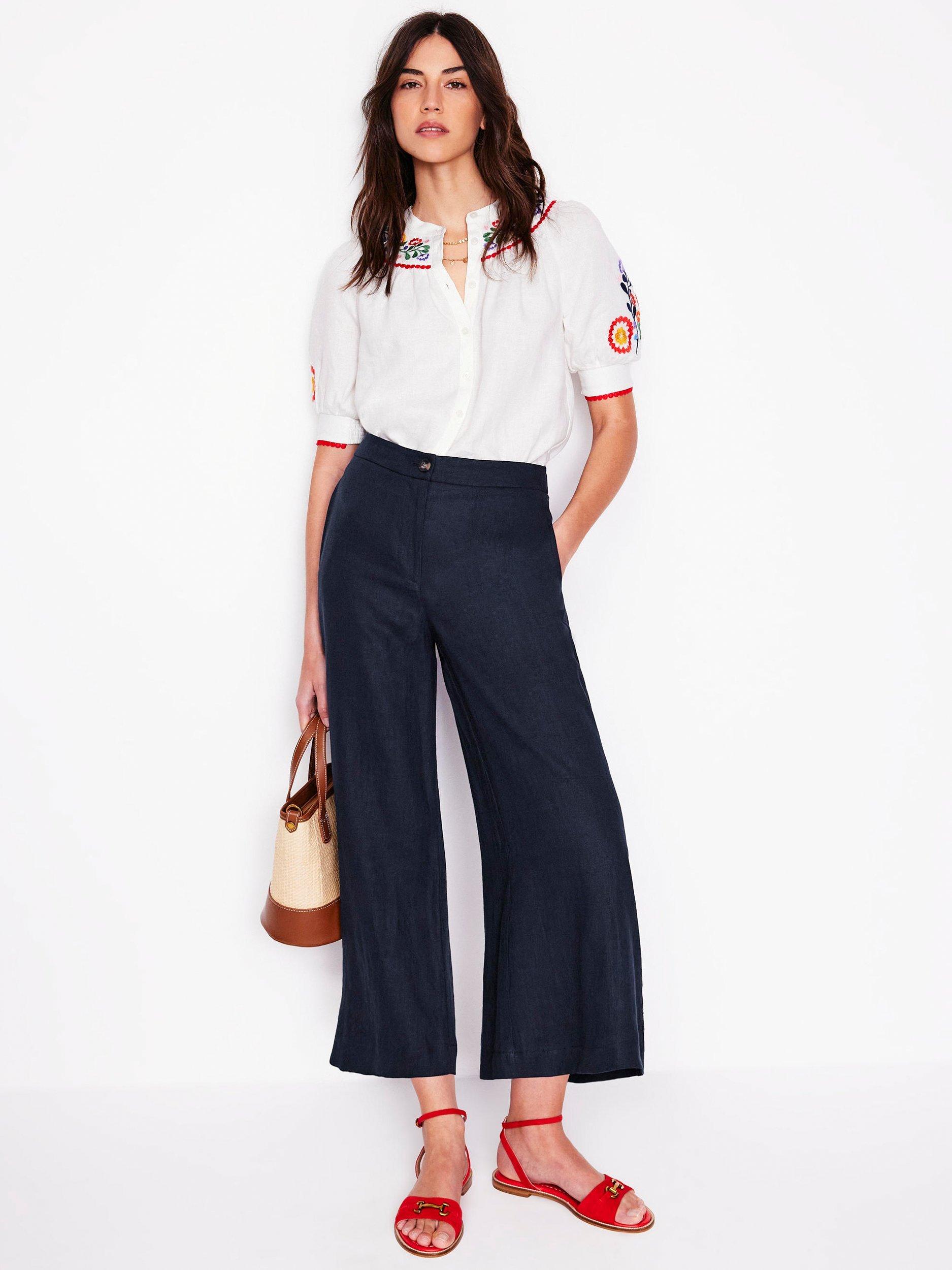 Boden Pure Linen Cropped Wide Leg Trousers, Navy