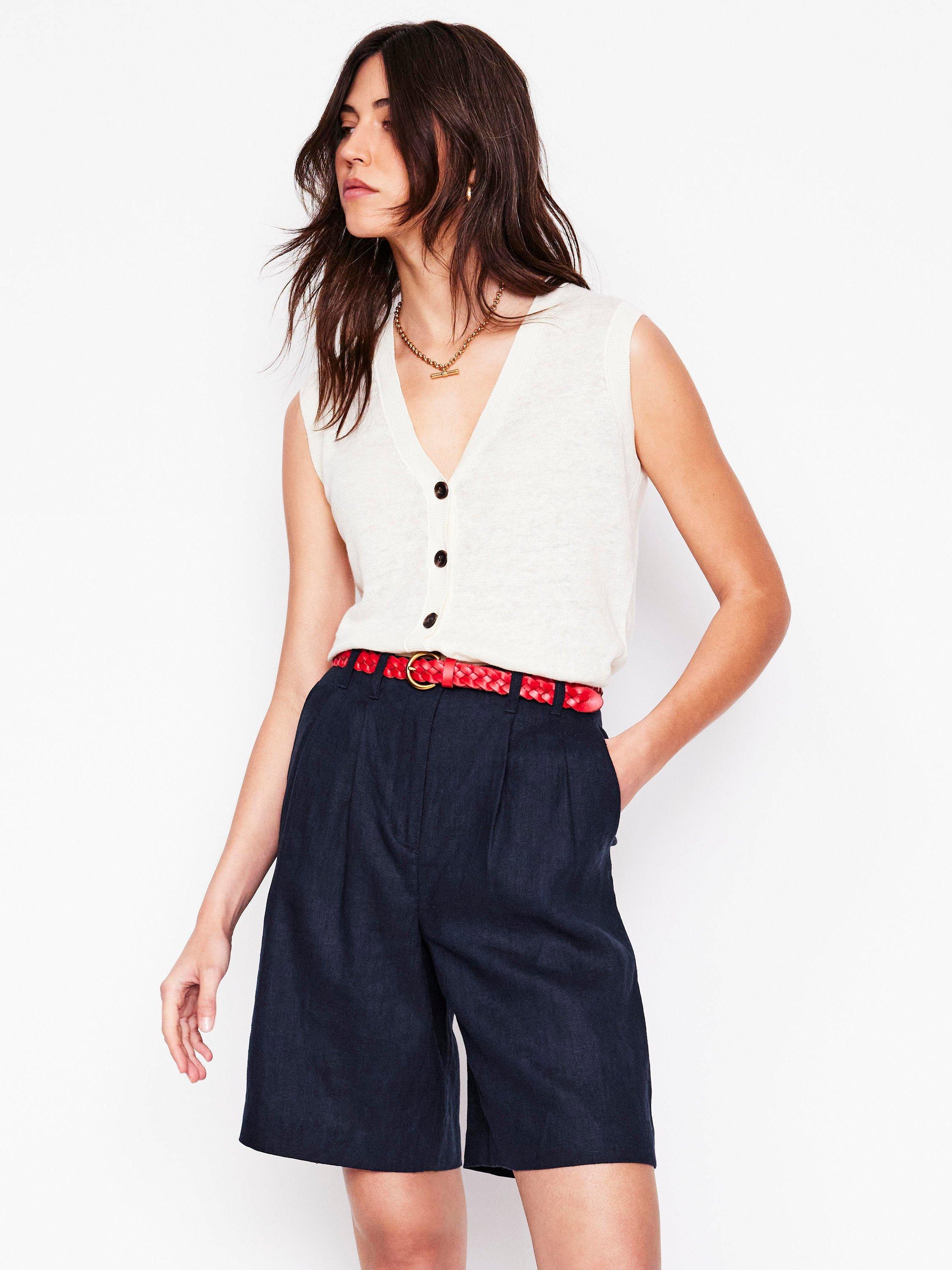 Product image 1 of 5, which shows Boden Pleat Wide Leg Pure Linen Shorts, Navy, 8