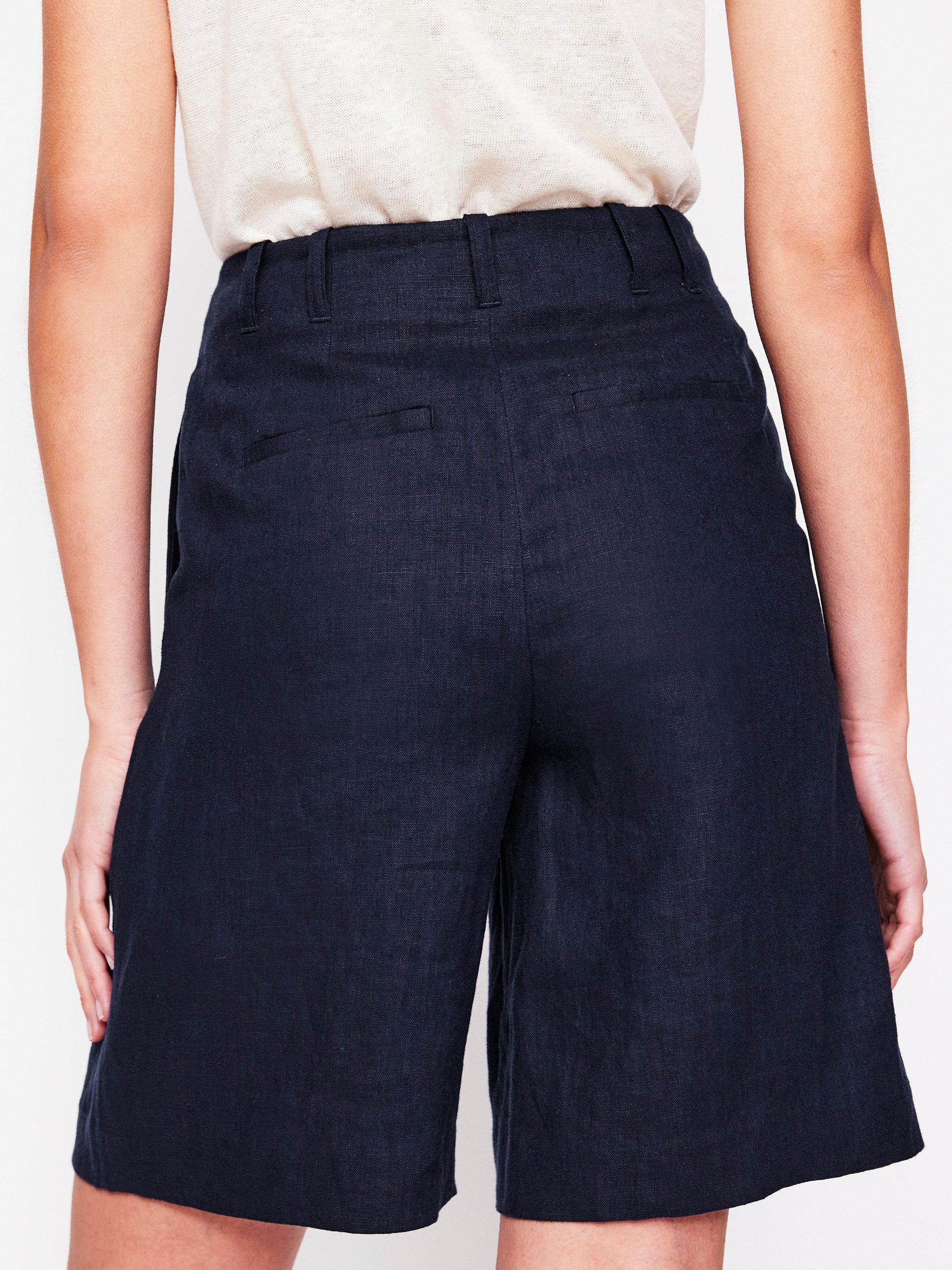 Product image 3 of 5, which shows Boden Pleat Wide Leg Pure Linen Shorts, Navy, 8