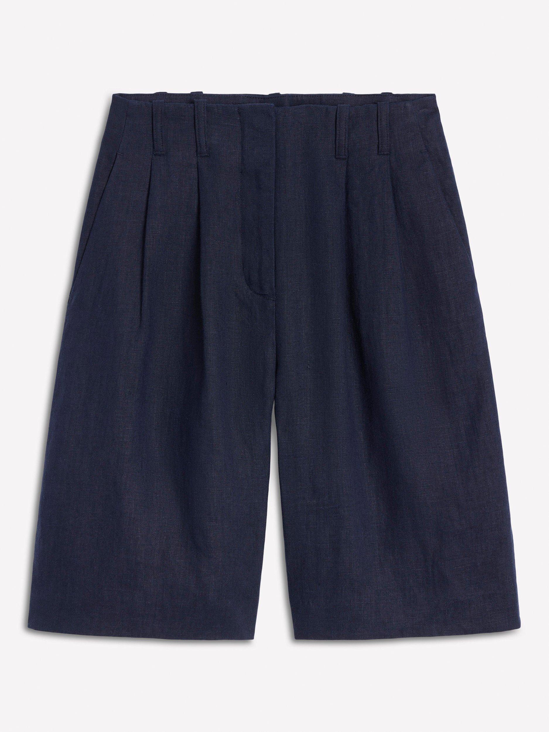 Product image 5 of 5, which shows Boden Pleat Wide Leg Pure Linen Shorts, Navy, 8