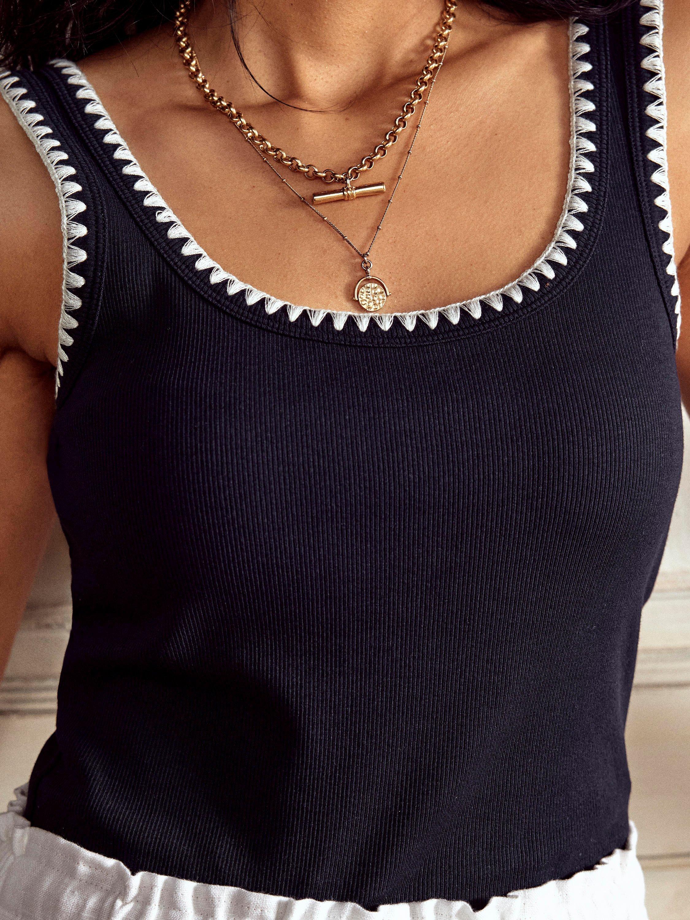 Product image 2 of 5, which shows Boden Contrast Crochet-Trim Neck Cotton Vest, Navy, 8