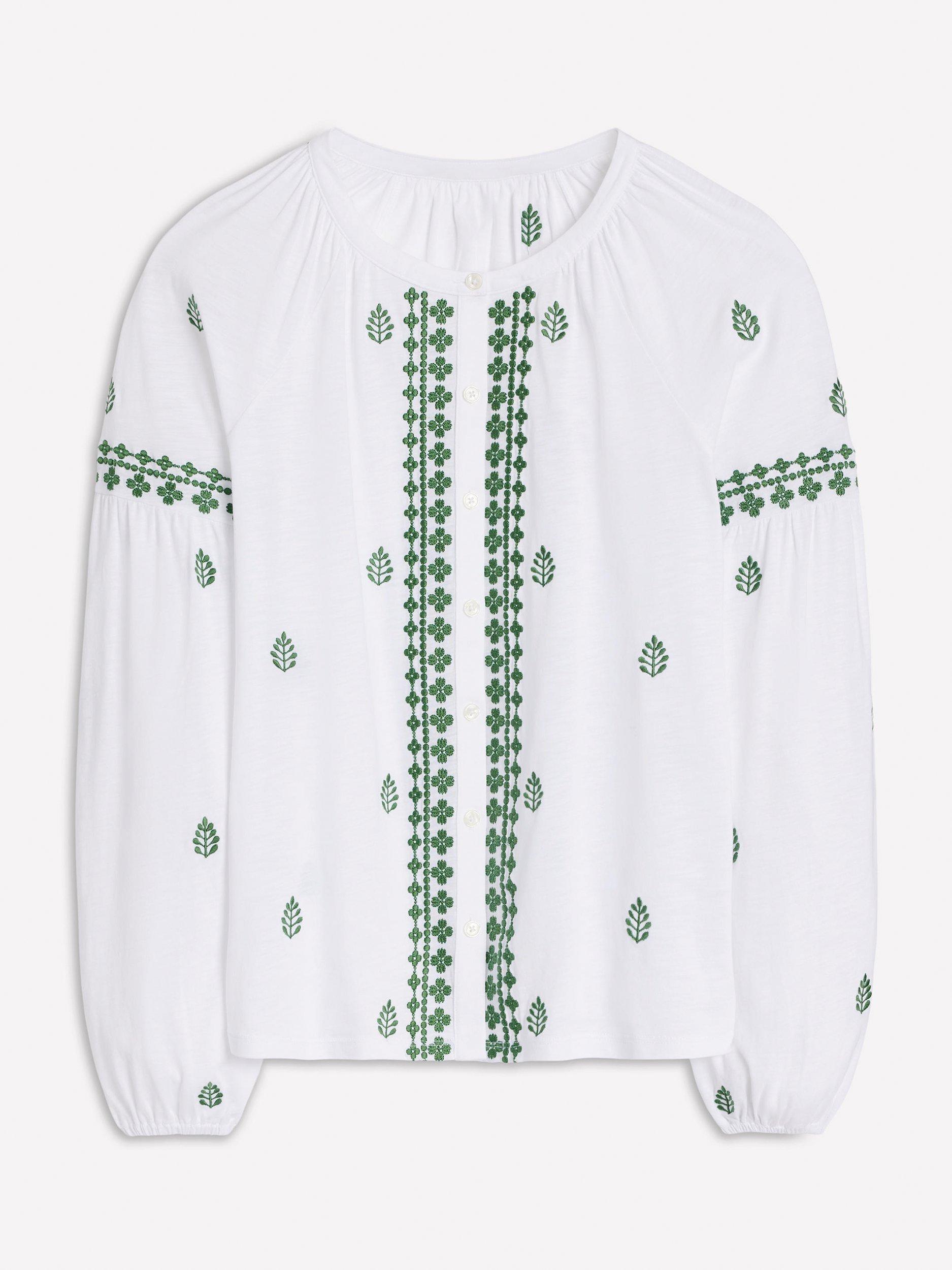 Product image 5 of 5, which shows Boden Embroidered Seam Sleeve Cotton Blend Shirt, White, XL