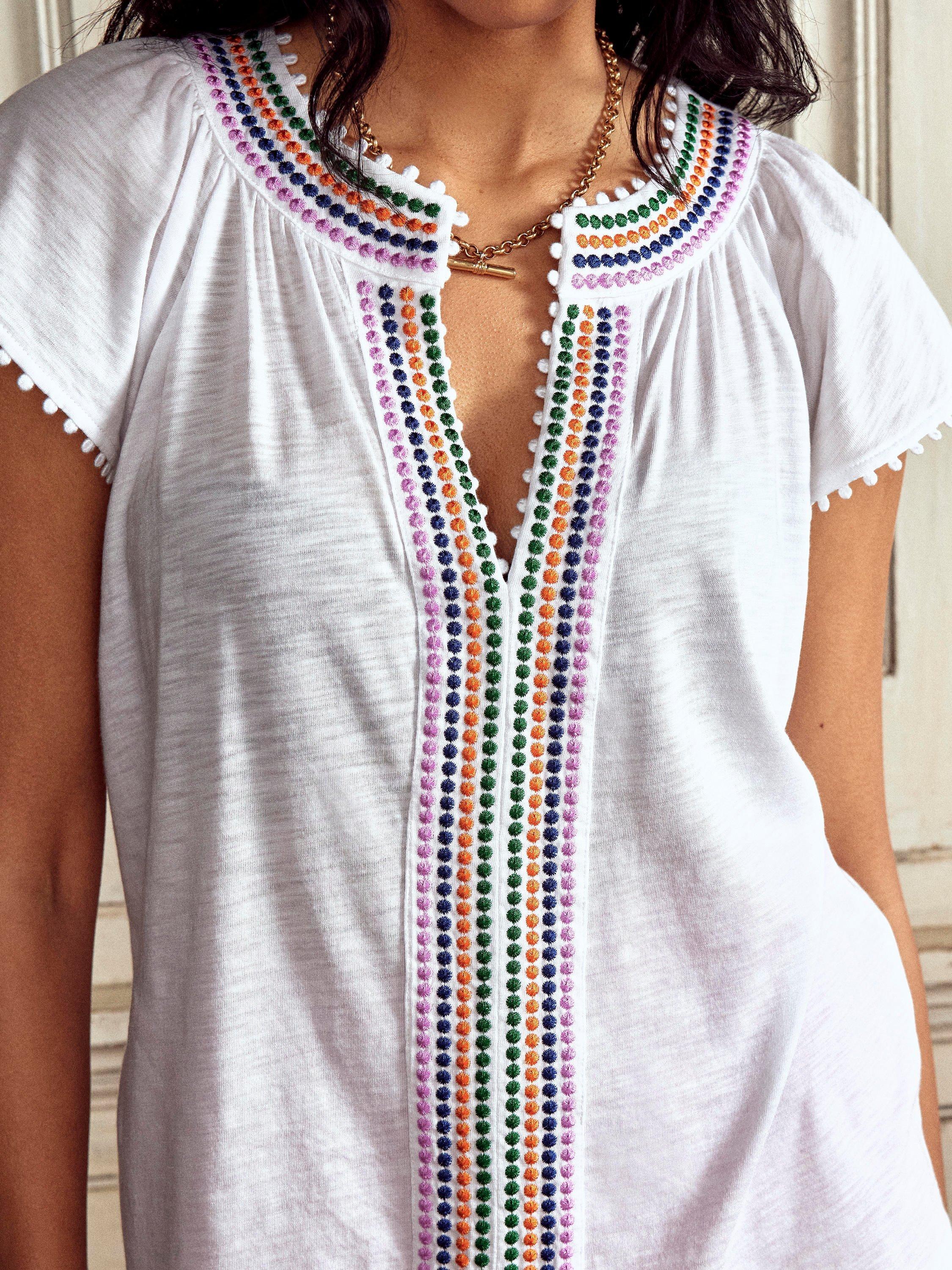 Product image 2 of 5, which shows Boden Pom Yoke Cap Sleeved Top, White, 8
