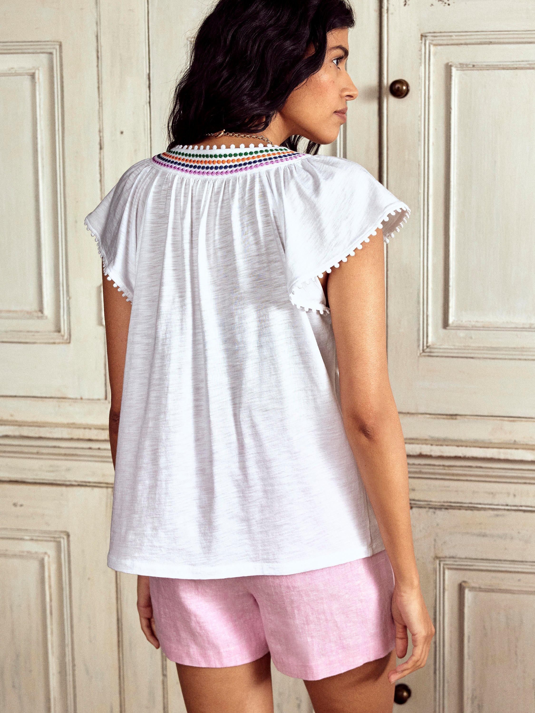 Product image 3 of 5, which shows Boden Pom Yoke Cap Sleeved Top, White, 8