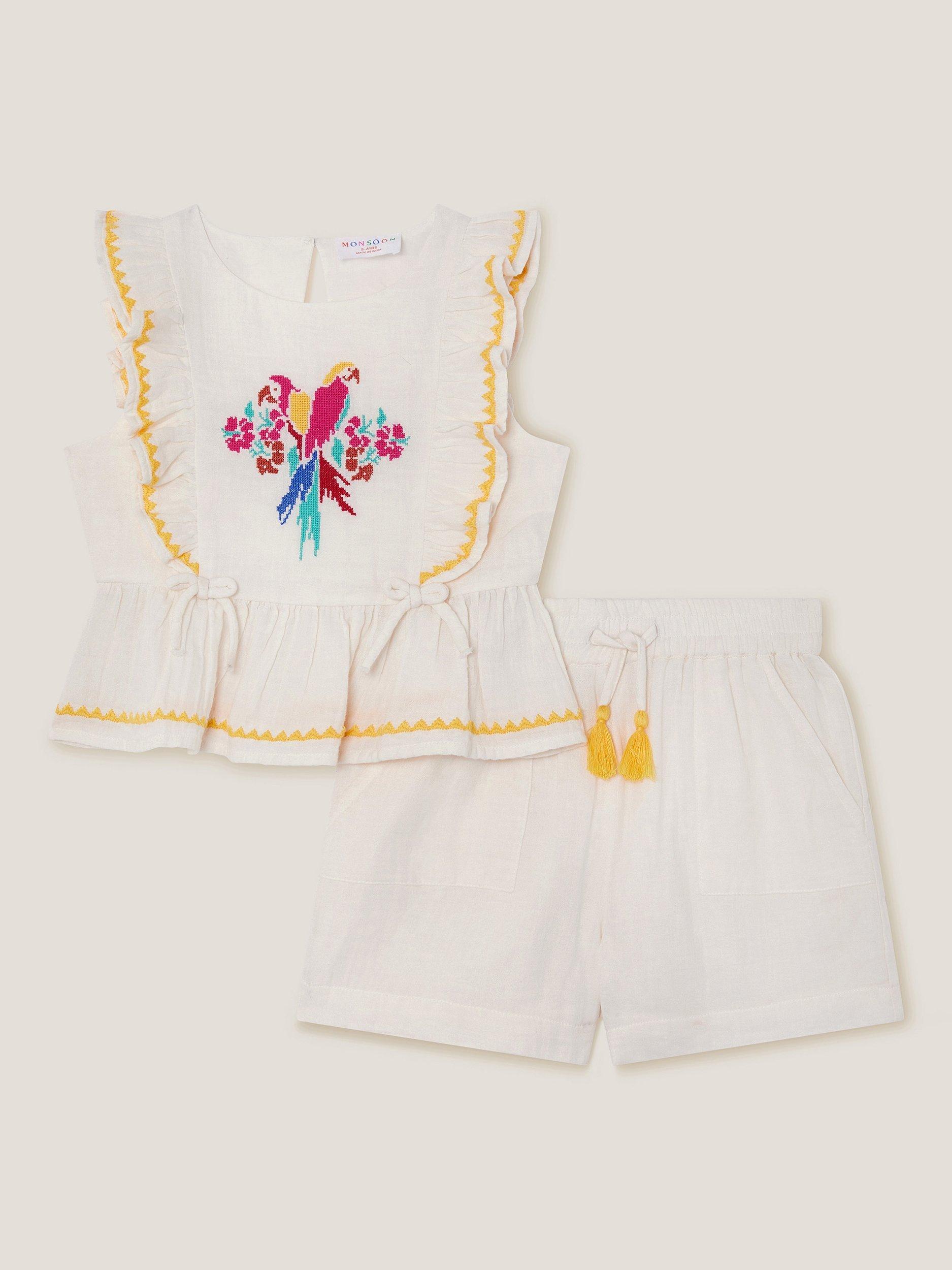 Product image 1 of 3, which shows Monsoon Kids' Cotton Parrot Top & Shorts Set, Ivory, 3-4 years