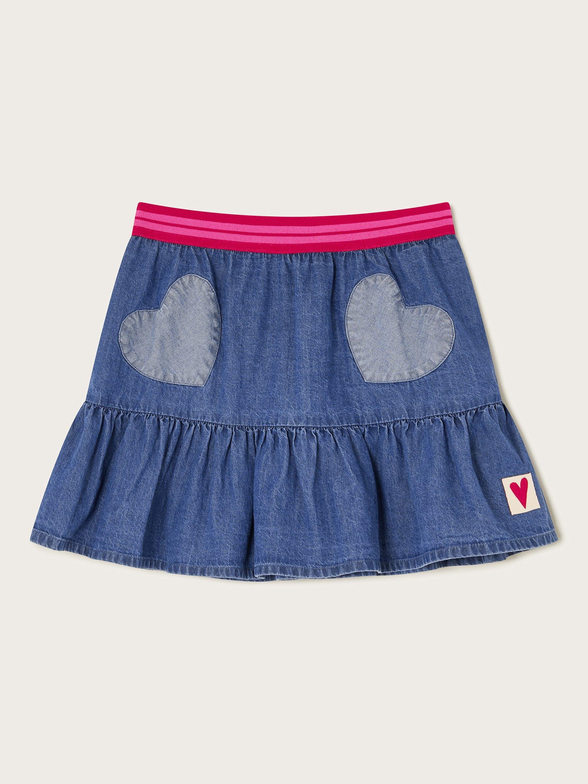 Product image 1 of 3, which shows Monsoon Kids' Heart Denim Skirt, Blue, 4 years