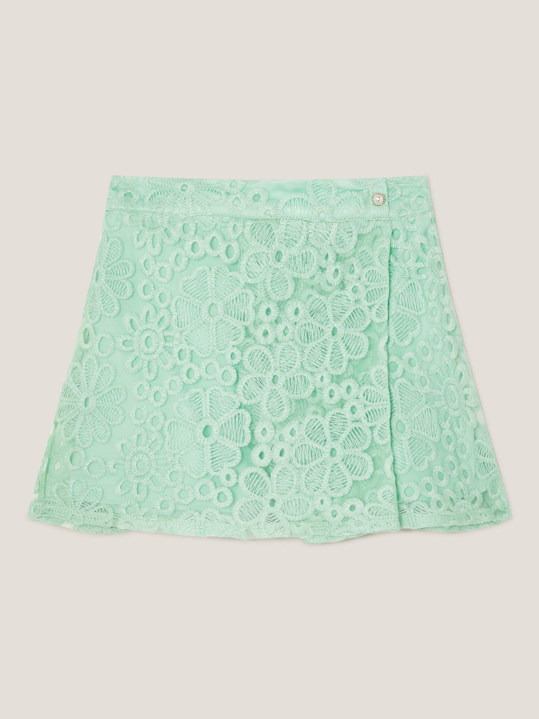 Product image 1 of 3, which shows Monsoon Kids' Floral Embroidered Skort, Green, 3 years