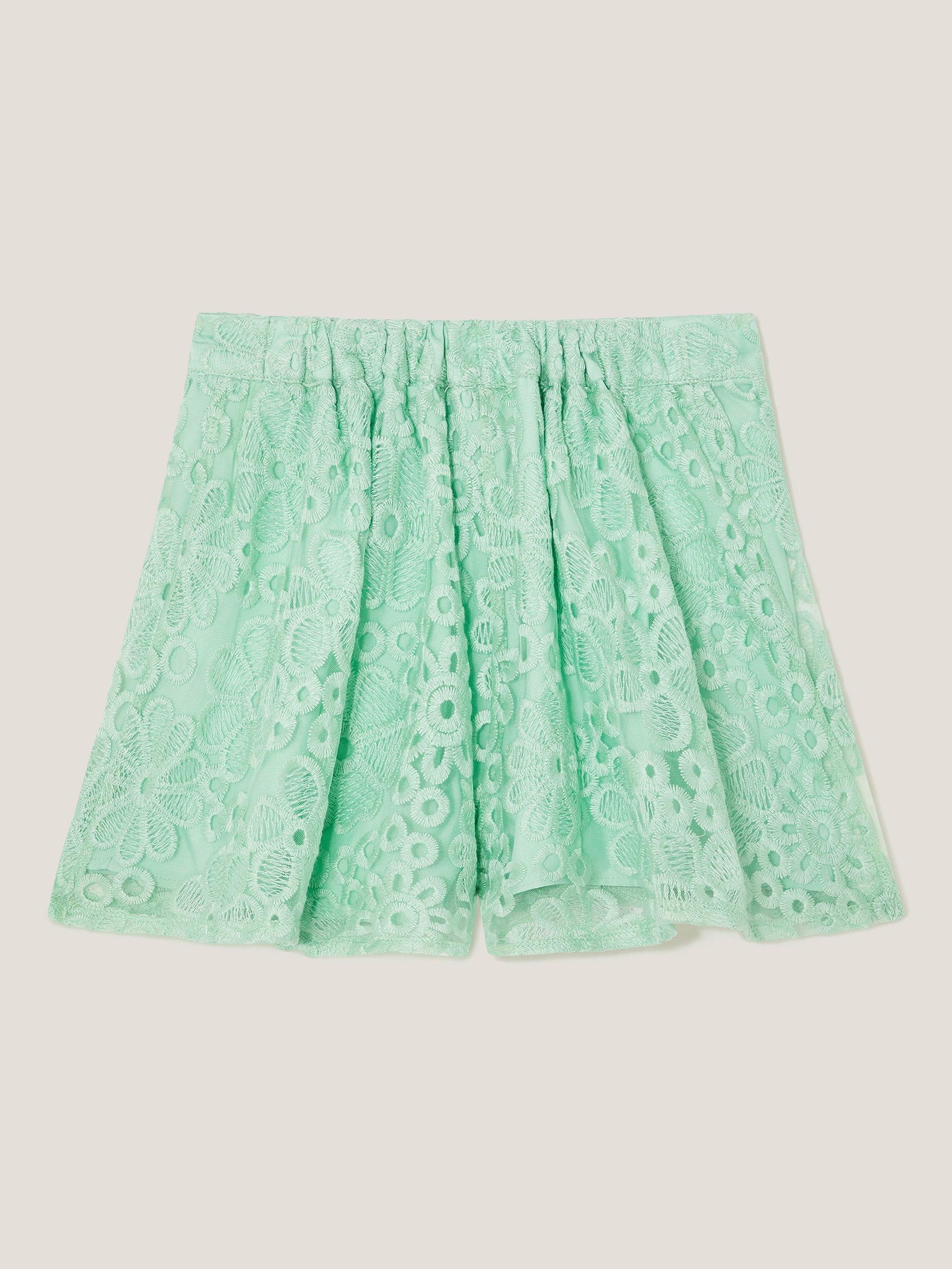 Product image 2 of 3, which shows Monsoon Kids' Floral Embroidered Skort, Green, 3 years
