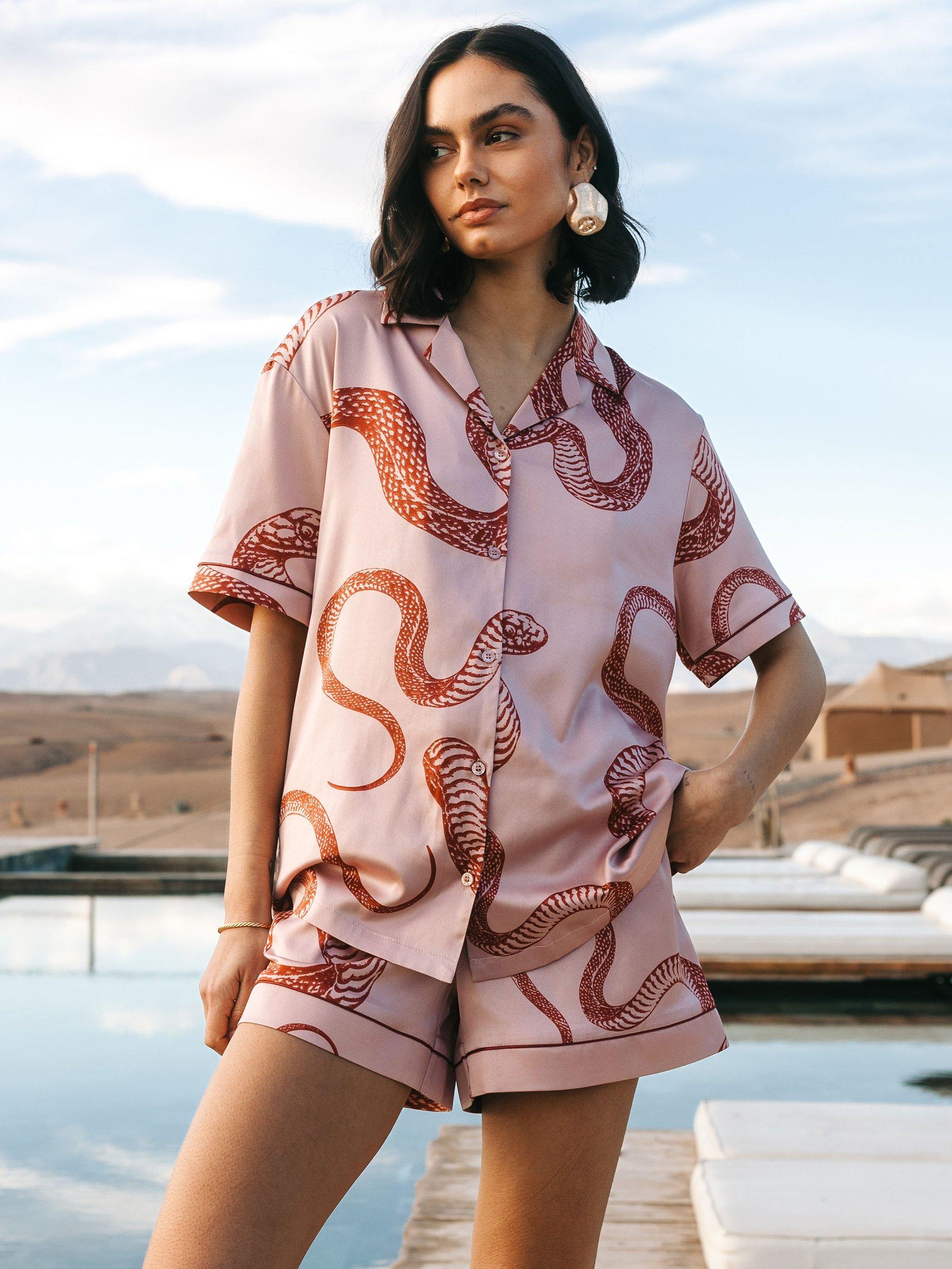 Product image 1 of 10, which shows Chelsea Peers Snake Print Satin Shorty Pyjama Set, Pink, 6