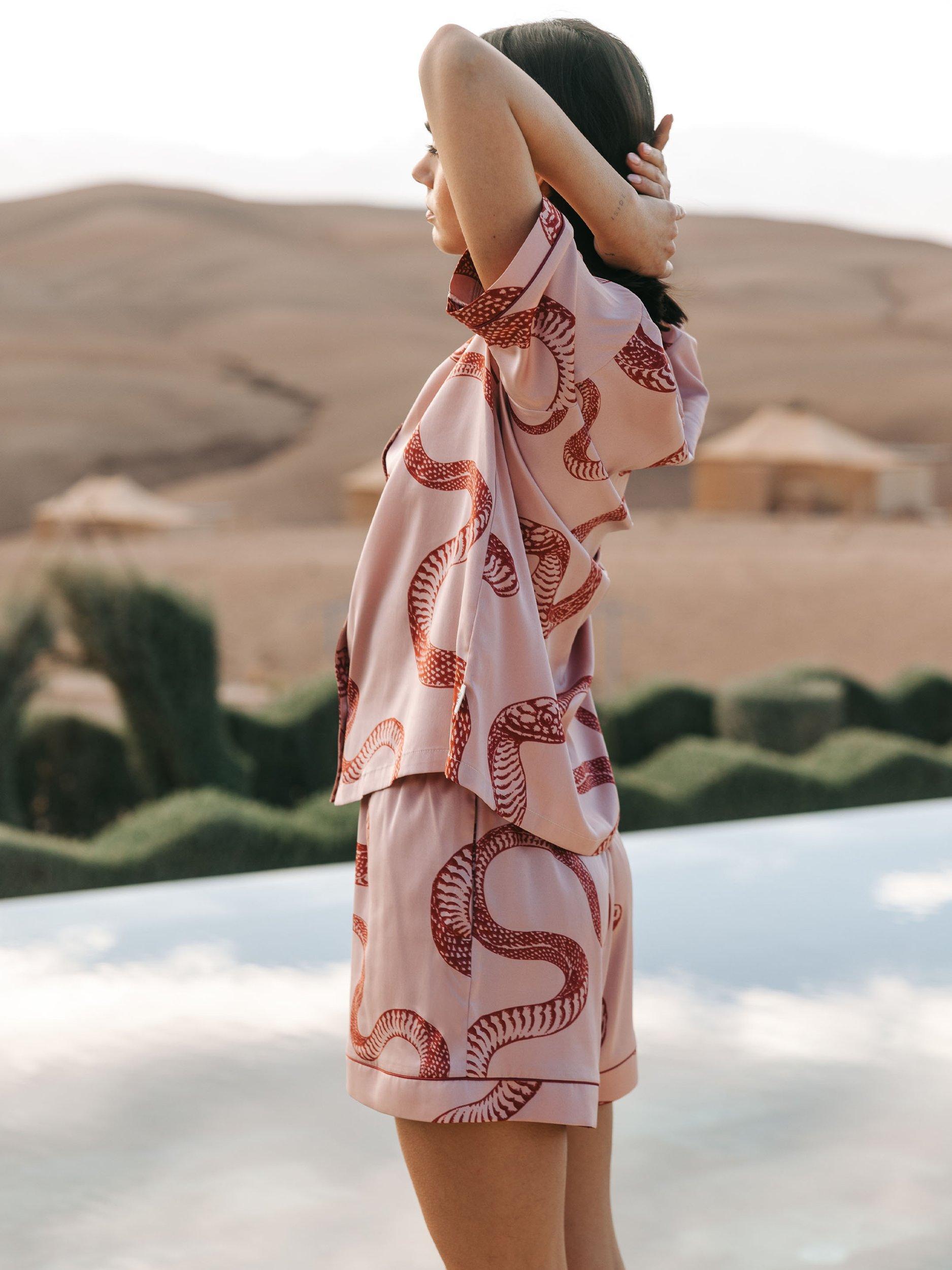 Product image 4 of 10, which shows Chelsea Peers Snake Print Satin Shorty Pyjama Set, Pink, 6